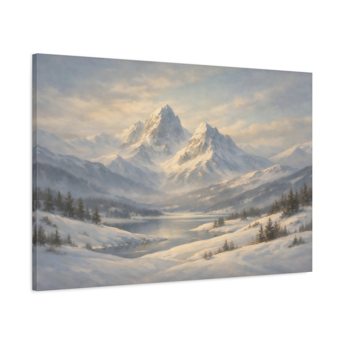Side Mockup 1. Nature Snowy Mountains Winter Mountain shown as stretched canvas wall art