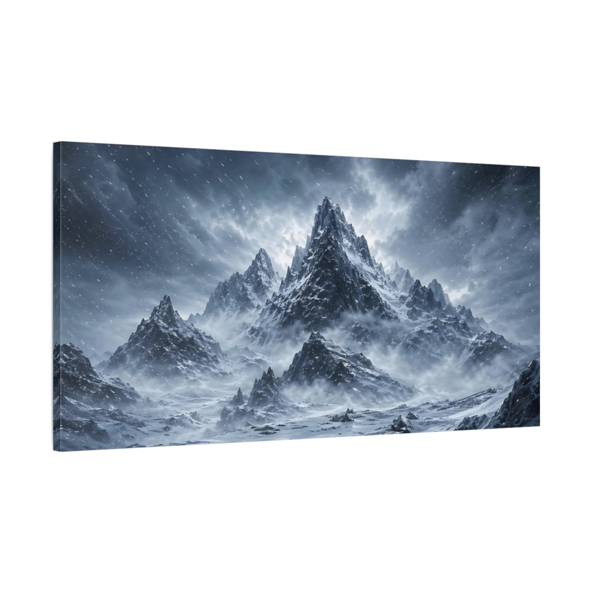 Main Mockup. Nature Snowy Mountains Winter Landscape shown as stretched canvas wall art