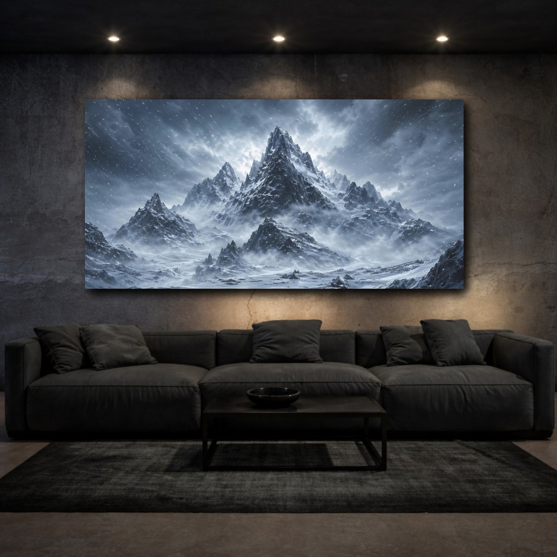Mockup 2. Nature Snowy Mountains Winter Landscape shown as stretched canvas wall art