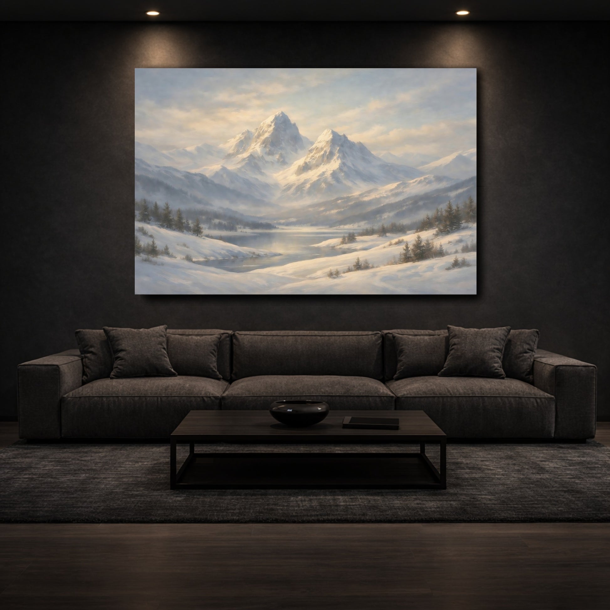 Mockup 2. Nature Snowy Mountains Winter Mountain shown as stretched canvas wall art