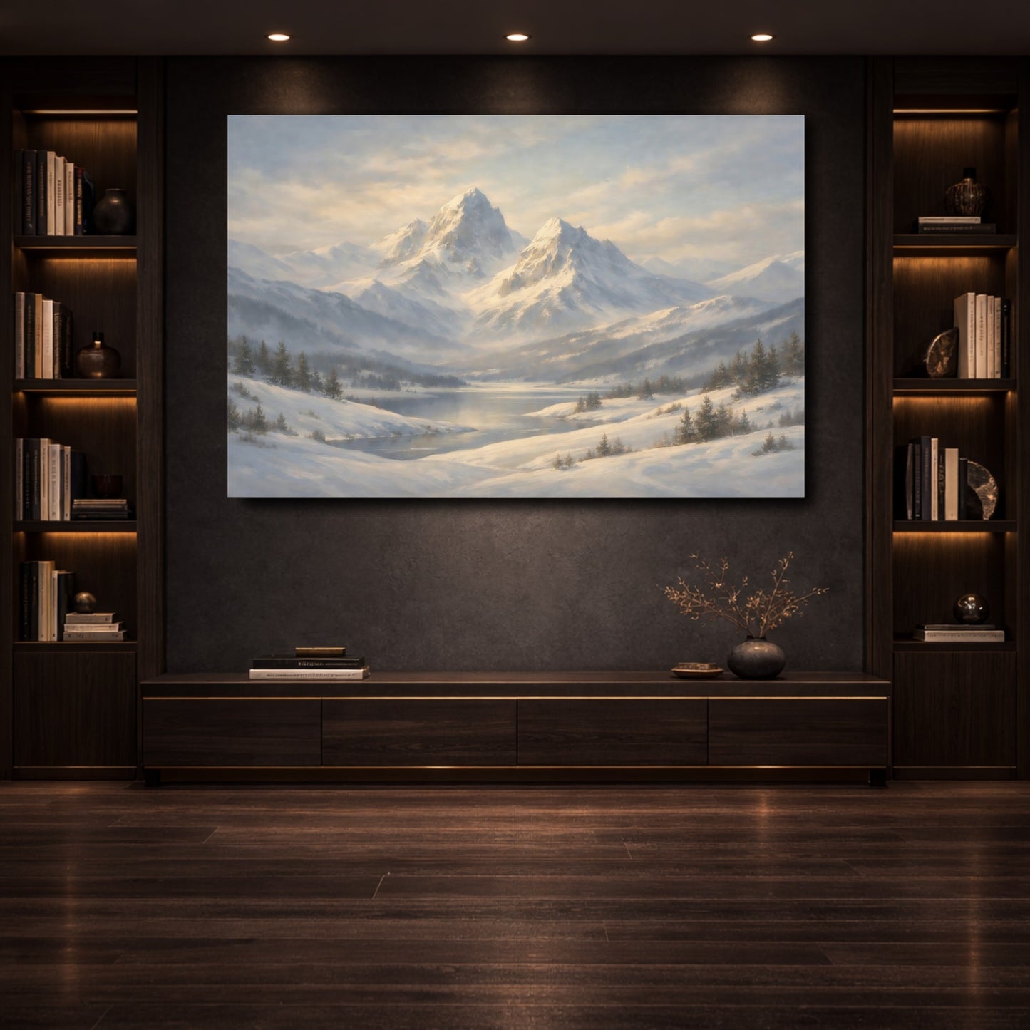 Mockup 3. Nature Snowy Mountains Winter Mountain shown as stretched canvas wall art