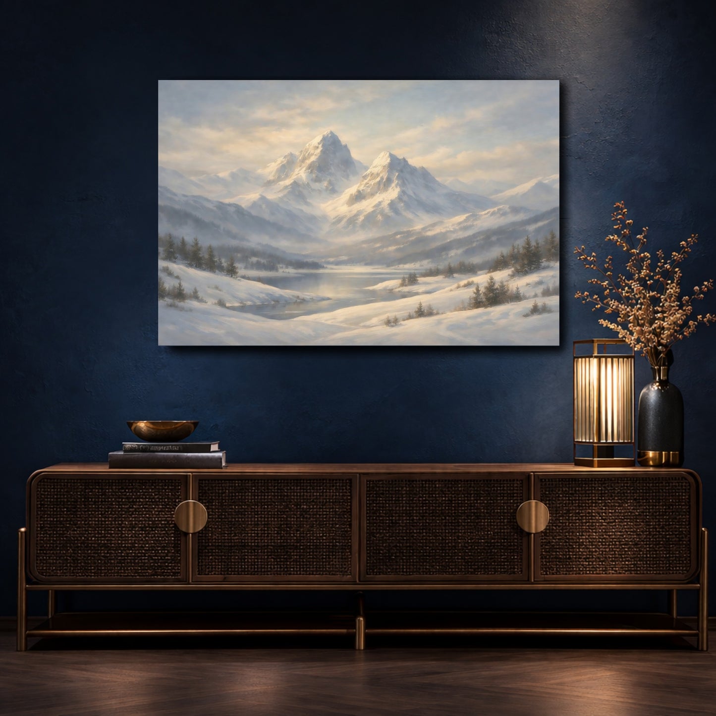 Mockup 4. Nature Snowy Mountains Winter Mountain shown as stretched canvas wall art