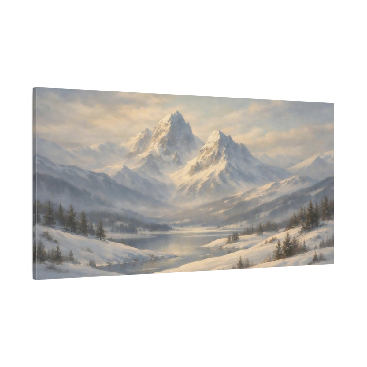 Main Mockup. Nature Snowy Mountains Winter Mountain Scene shown as stretched canvas wall art