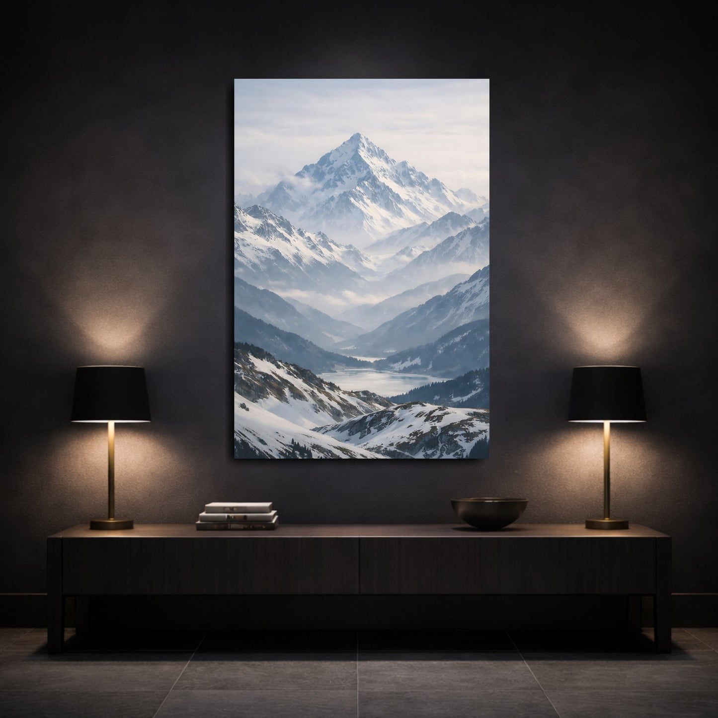 Mockup 2. Nature Snowy Mountains Winter Mountain Scene shown as stretched canvas wall art