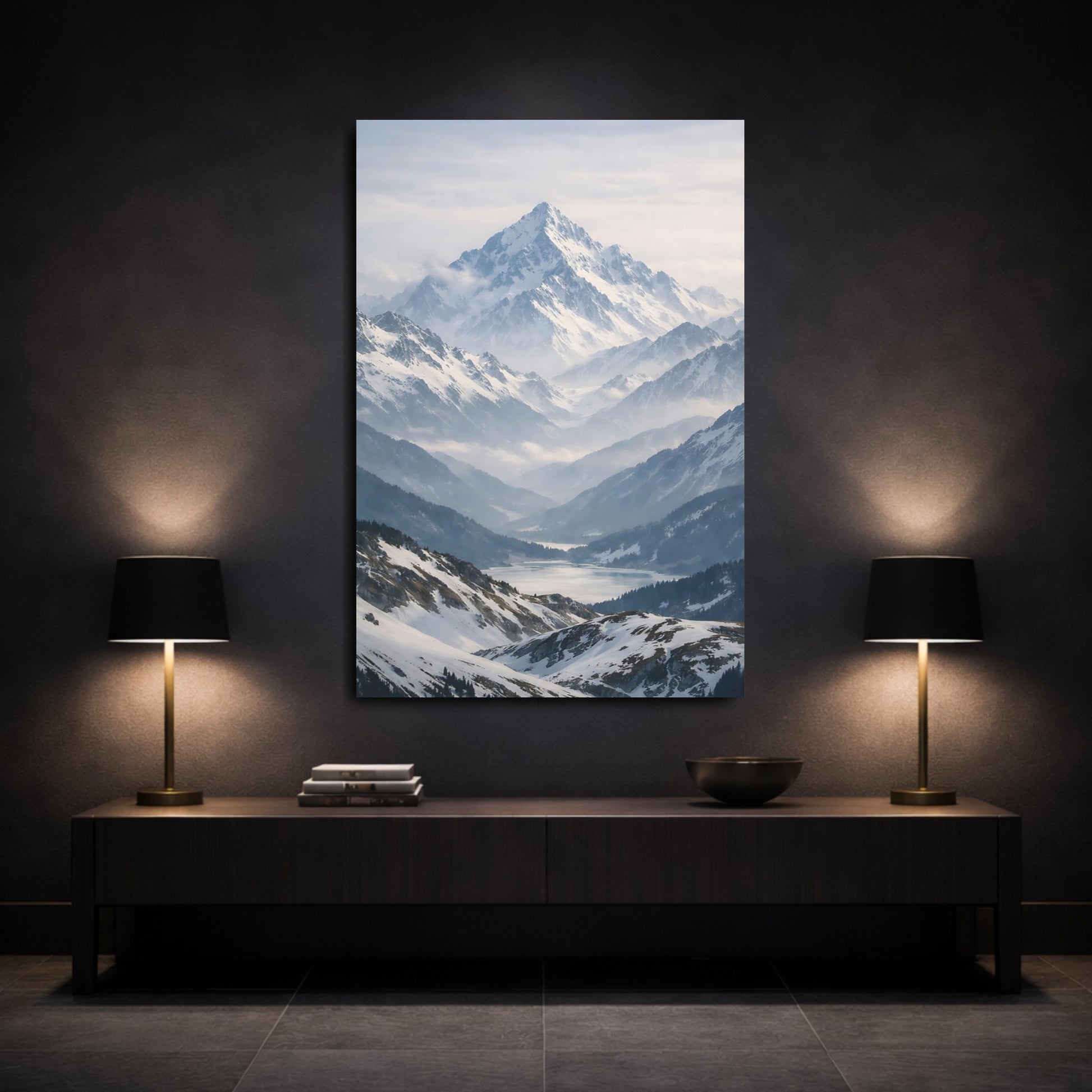Mockup 2. Nature Snowy Mountains Winter Mountain Scene shown as stretched canvas wall art