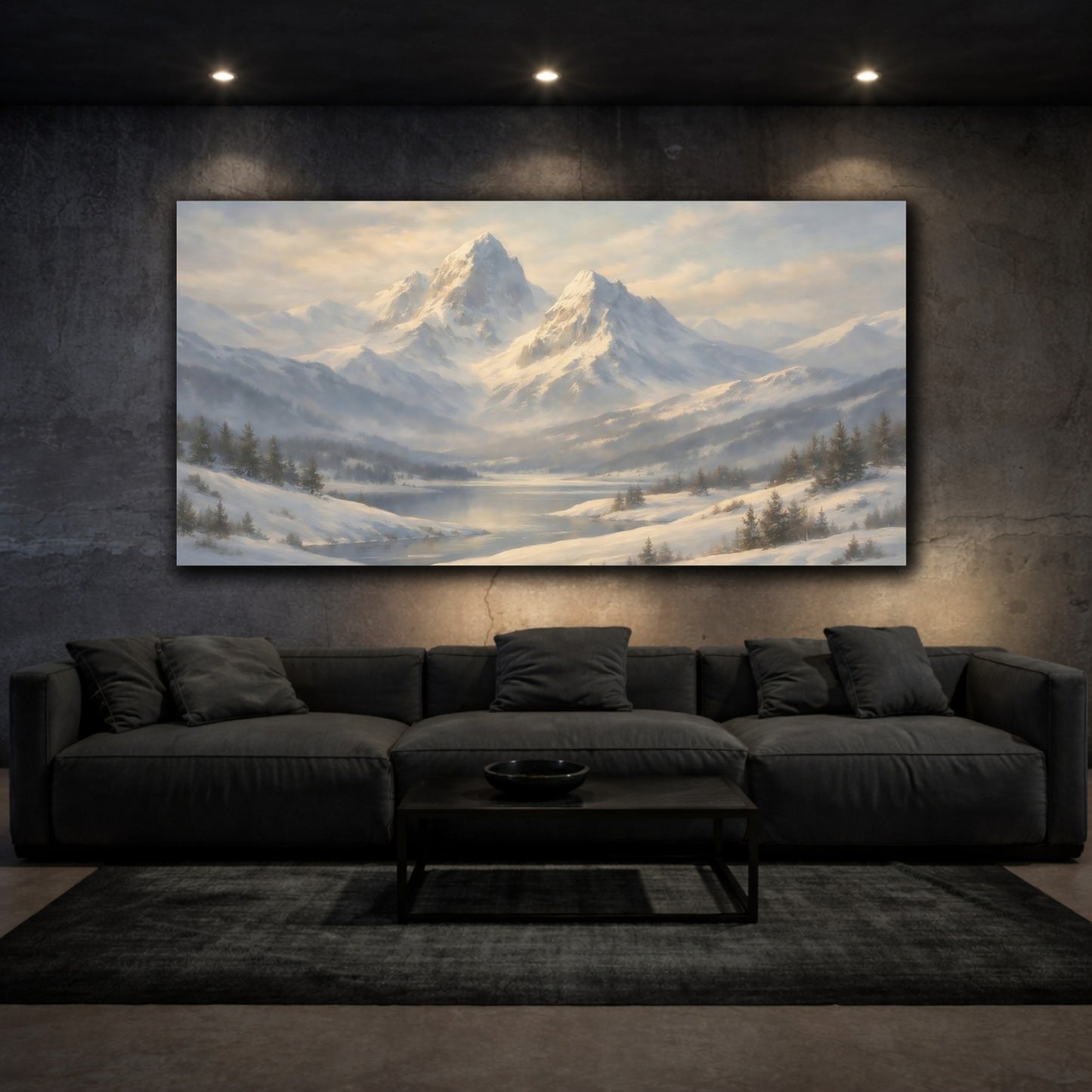 Mockup 2. Nature Snowy Mountains Winter Mountain Scene shown as stretched canvas wall art