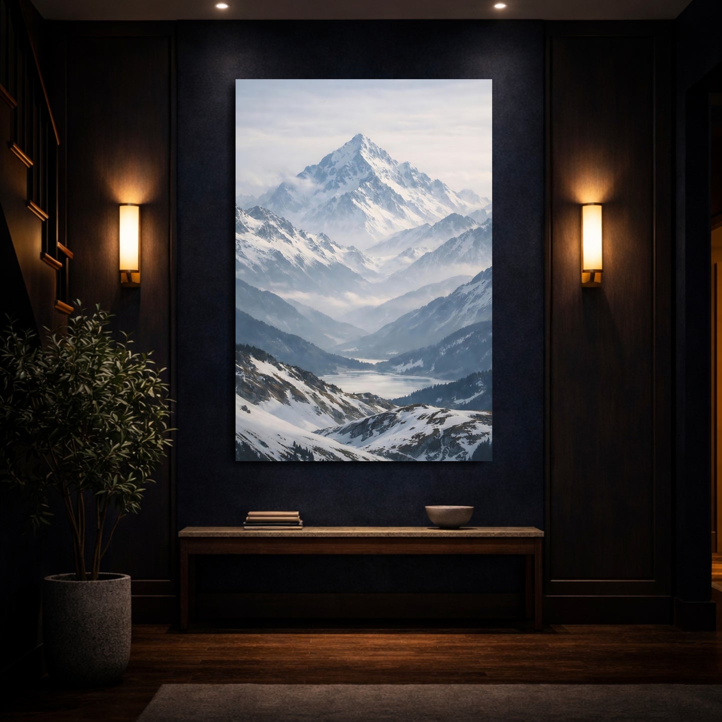 Mockup 3. Nature Snowy Mountains Winter Mountain Scene shown as stretched canvas wall art