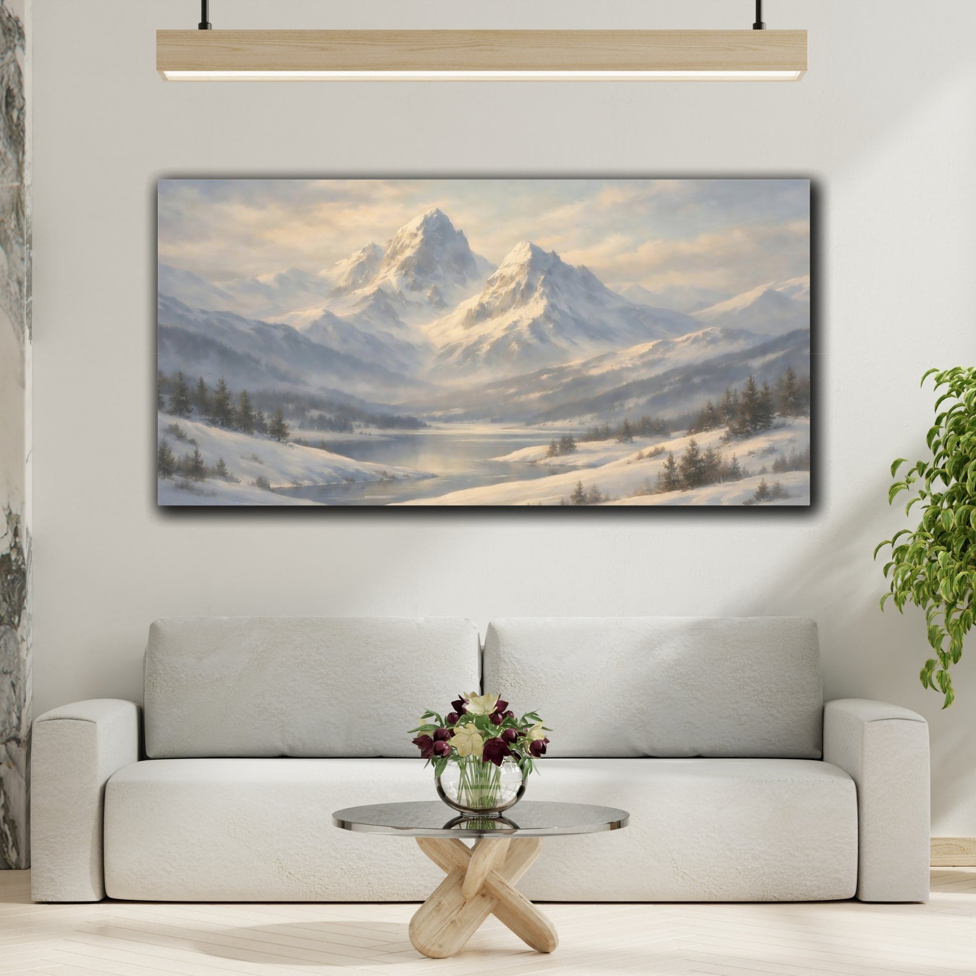 Mockup 3. Nature Snowy Mountains Winter Mountain Scene shown as stretched canvas wall art