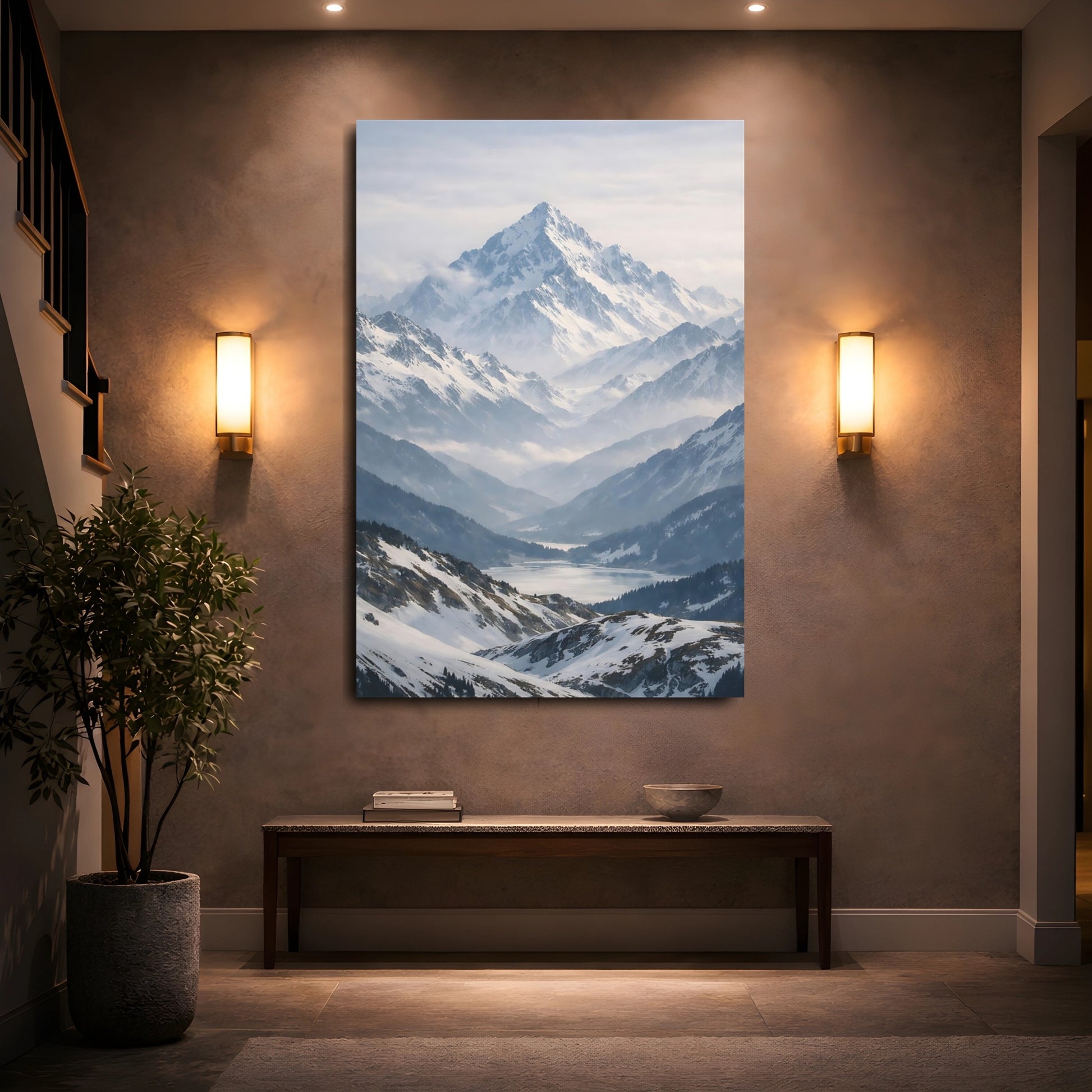Mockup 4. Nature Snowy Mountains Winter Mountain Scene shown as stretched canvas wall art