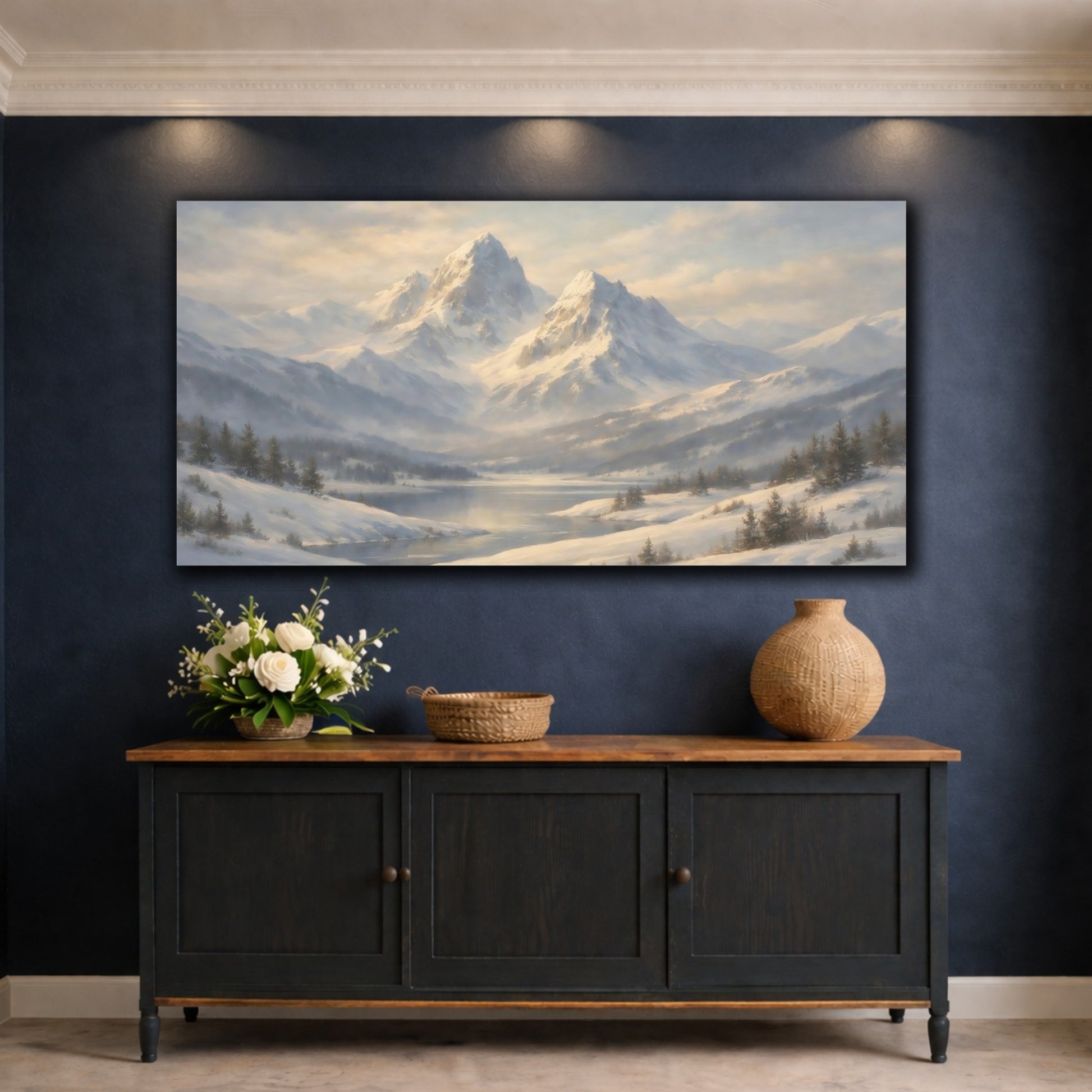 Mockup 4. Nature Snowy Mountains Winter Mountain Scene shown as stretched canvas wall art