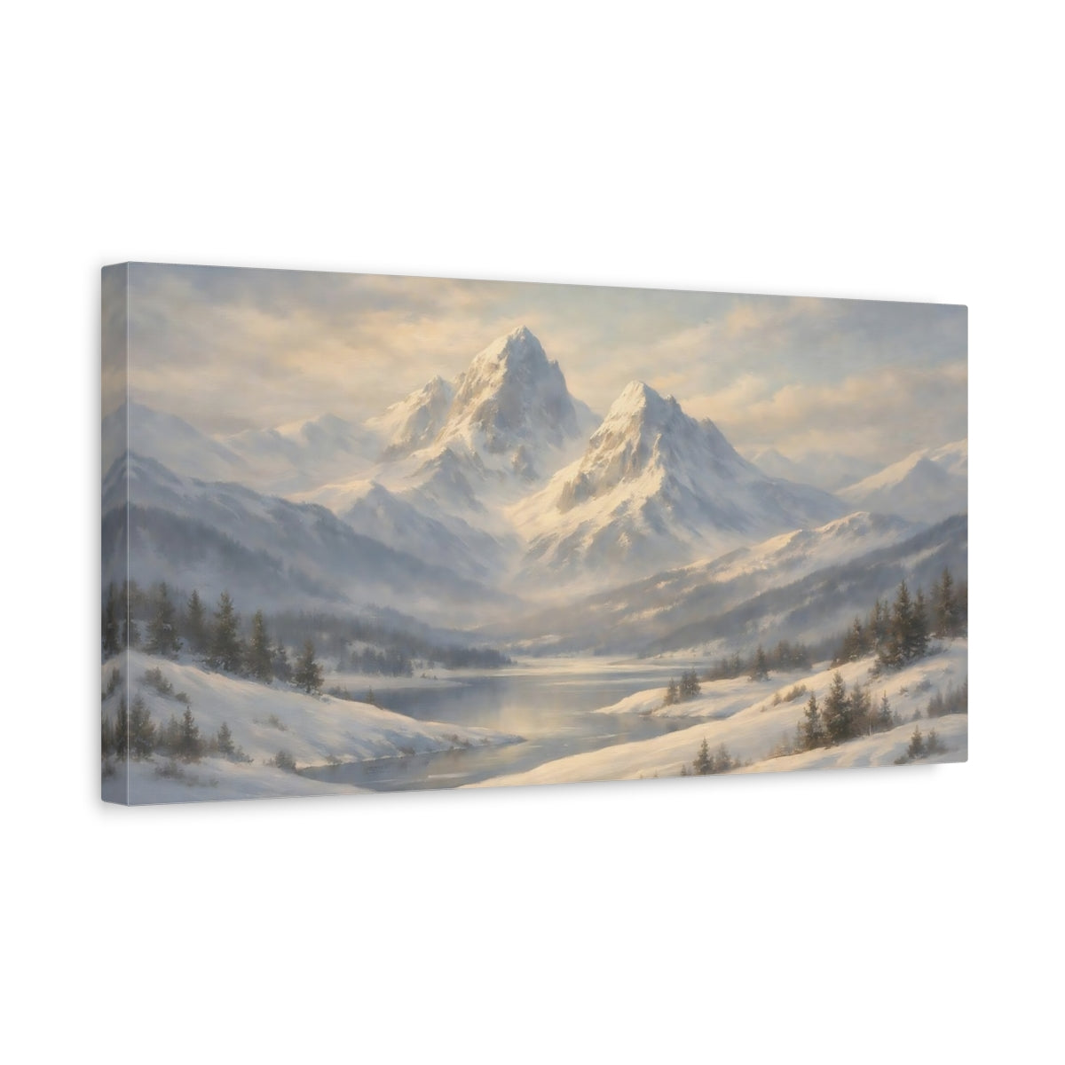 Side Mockup 3. Nature Snowy Mountains Winter Mountain Scene shown as stretched canvas wall art