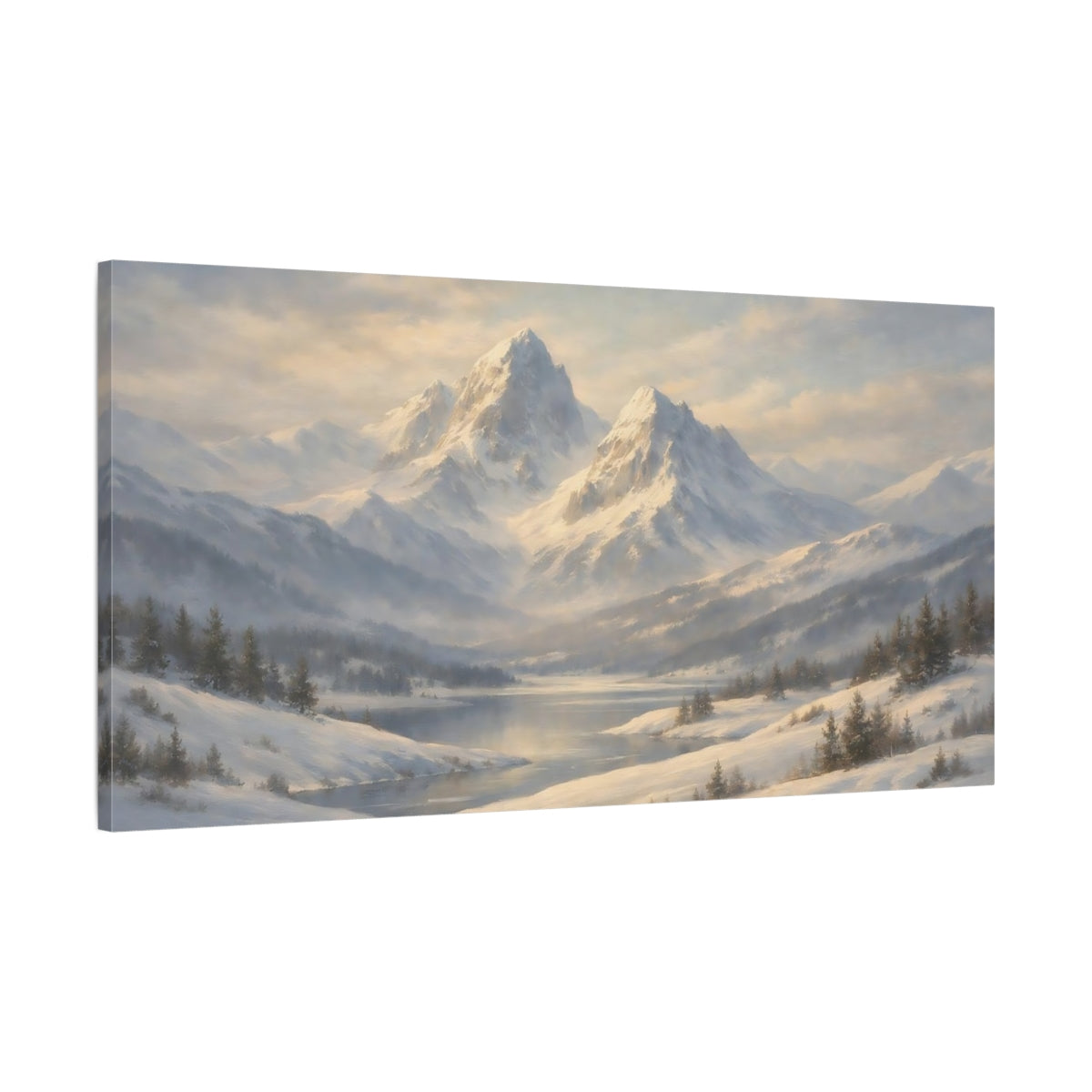 Side Mockup 1. Nature Snowy Mountains Winter Mountain Scene shown as stretched canvas wall art