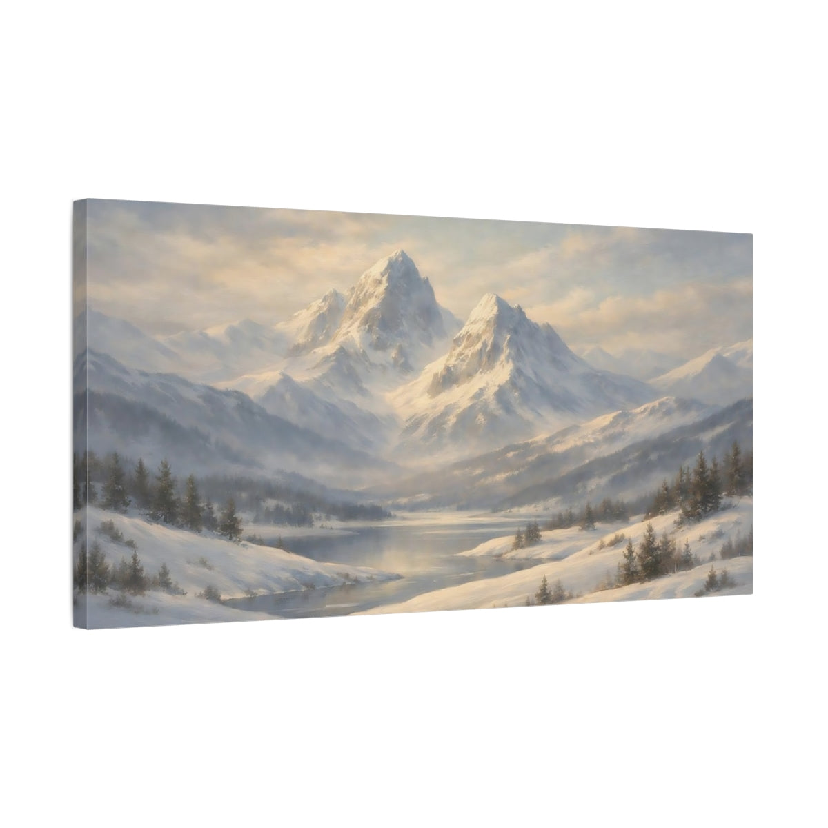 Side Mockup 2. Nature Snowy Mountains Winter Mountain Scene shown as stretched canvas wall art