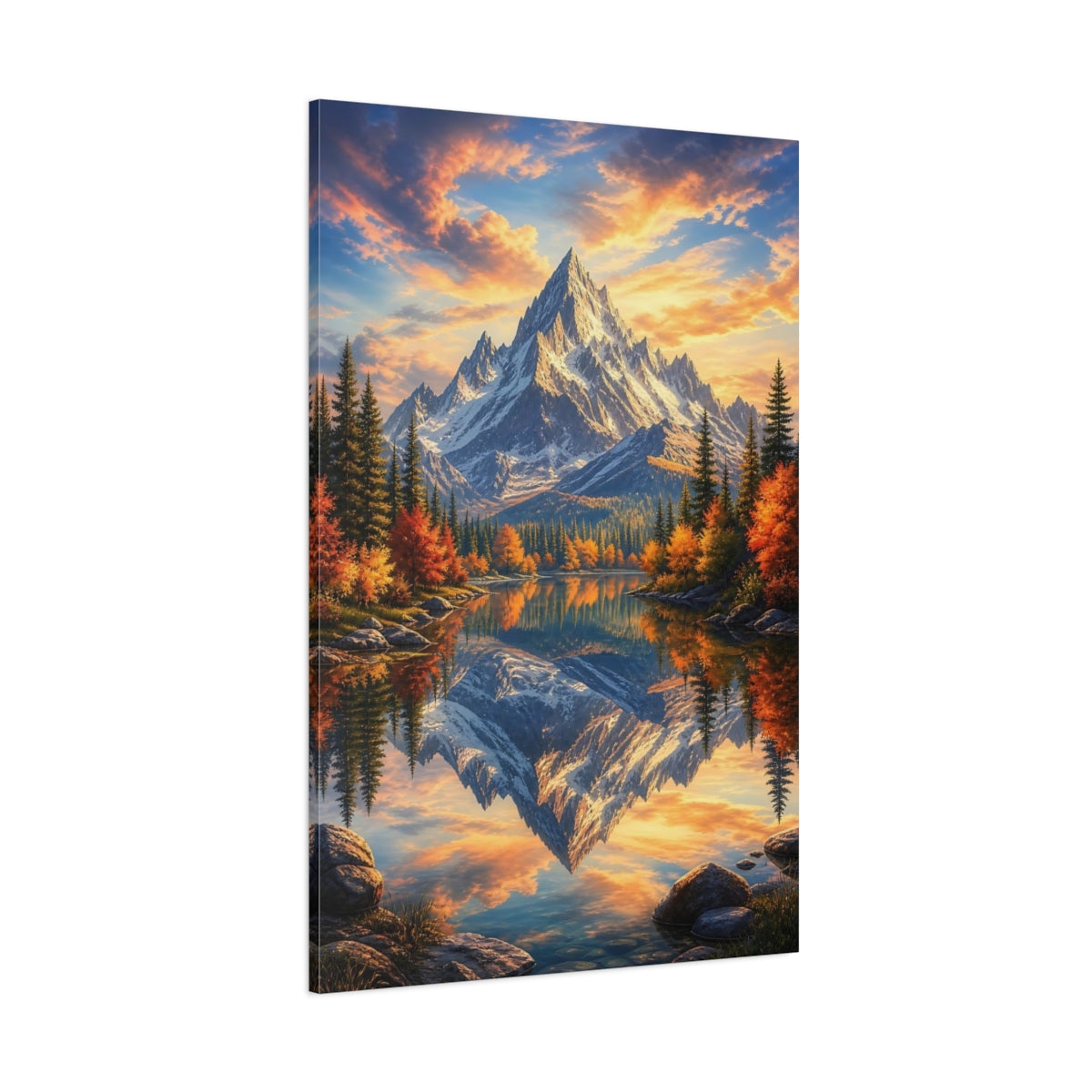 Side Mockup 1. Nature Snowy Peaks Orange And Blue Landscape shown as stretched canvas wall art