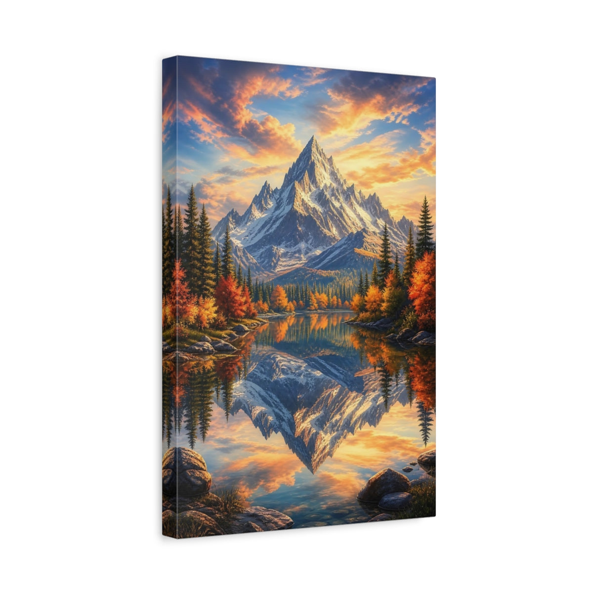 Side Mockup 4. Nature Snowy Peaks Orange And Blue Landscape shown as stretched canvas wall art
