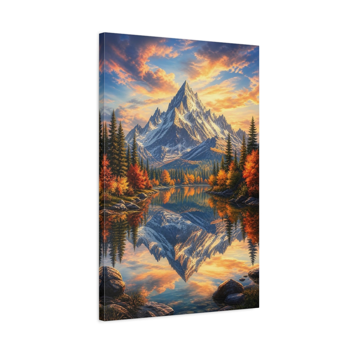 Side Mockup 2. Nature Snowy Peaks Orange And Blue Landscape shown as stretched canvas wall art