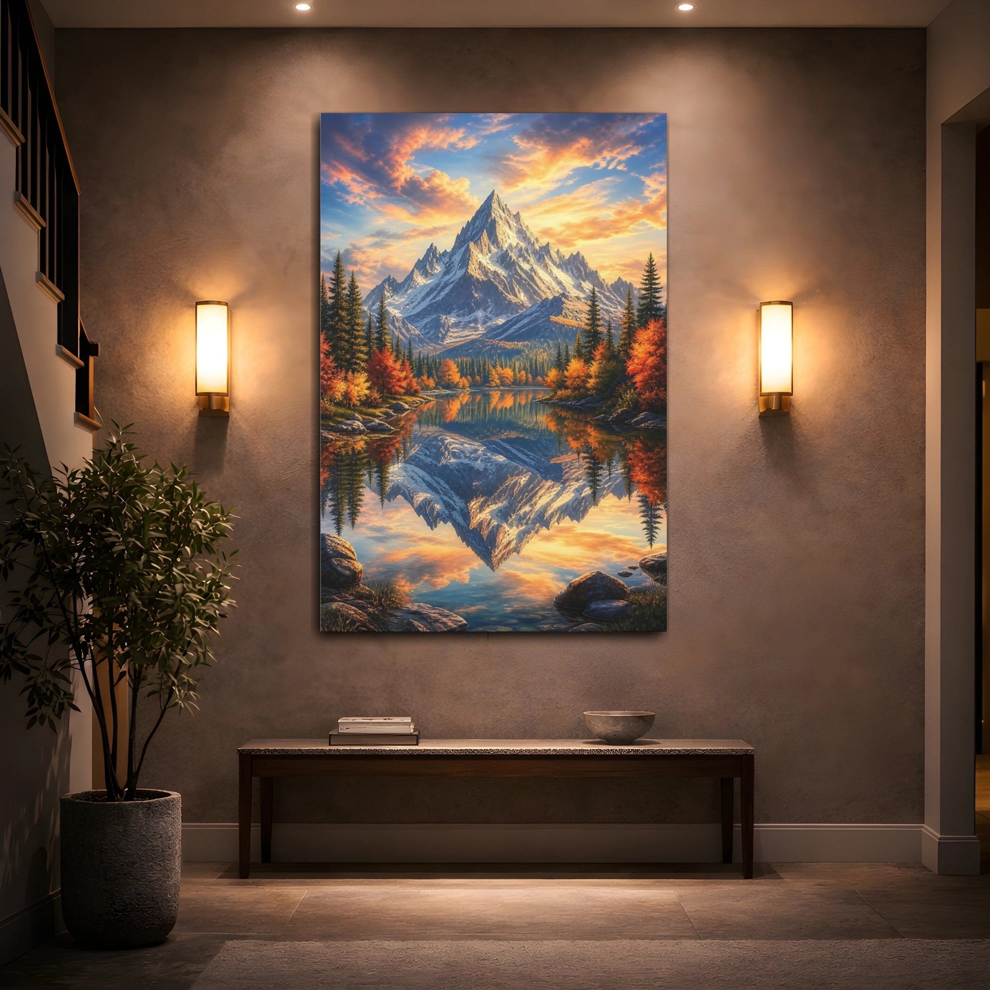 Mockup 2. Nature Snowy Peaks Orange And Blue Landscape shown as stretched canvas wall art