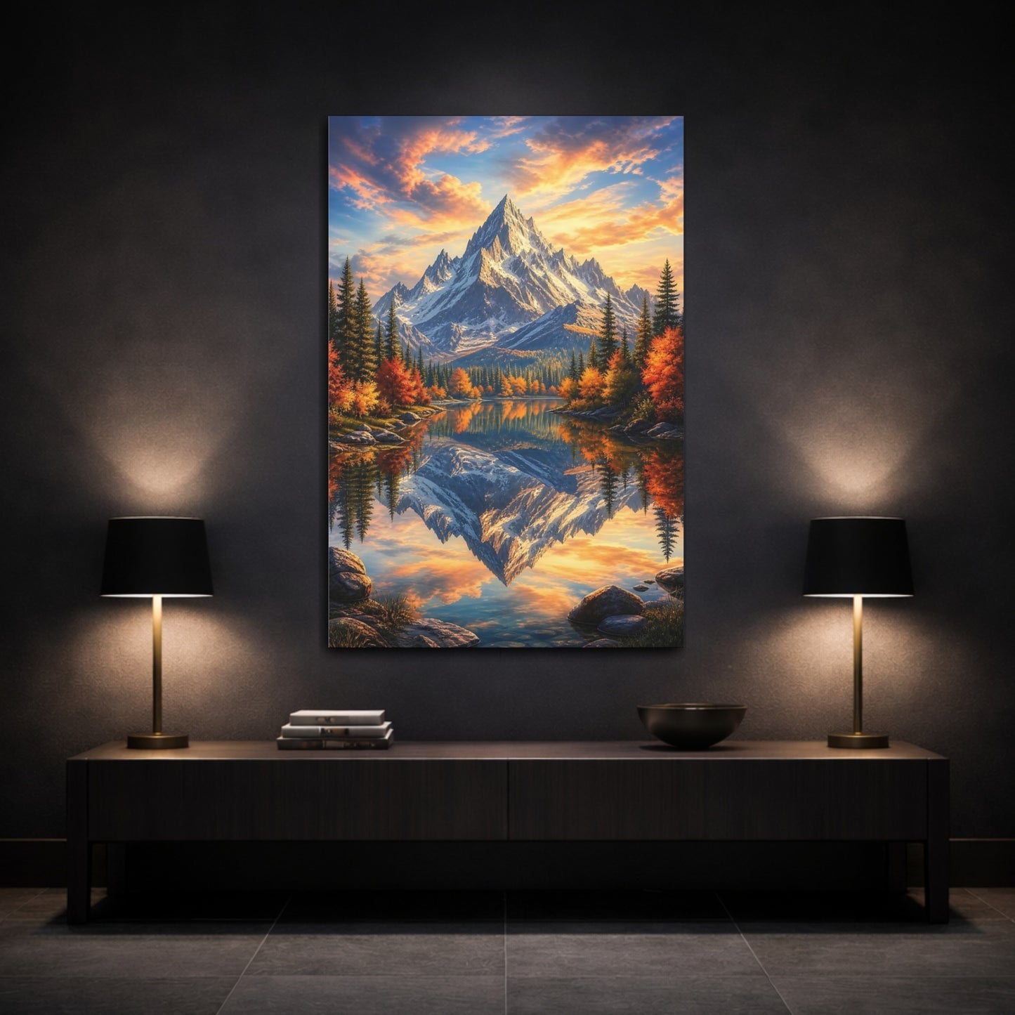 Mockup 3. Nature Snowy Peaks Orange And Blue Landscape shown as stretched canvas wall art