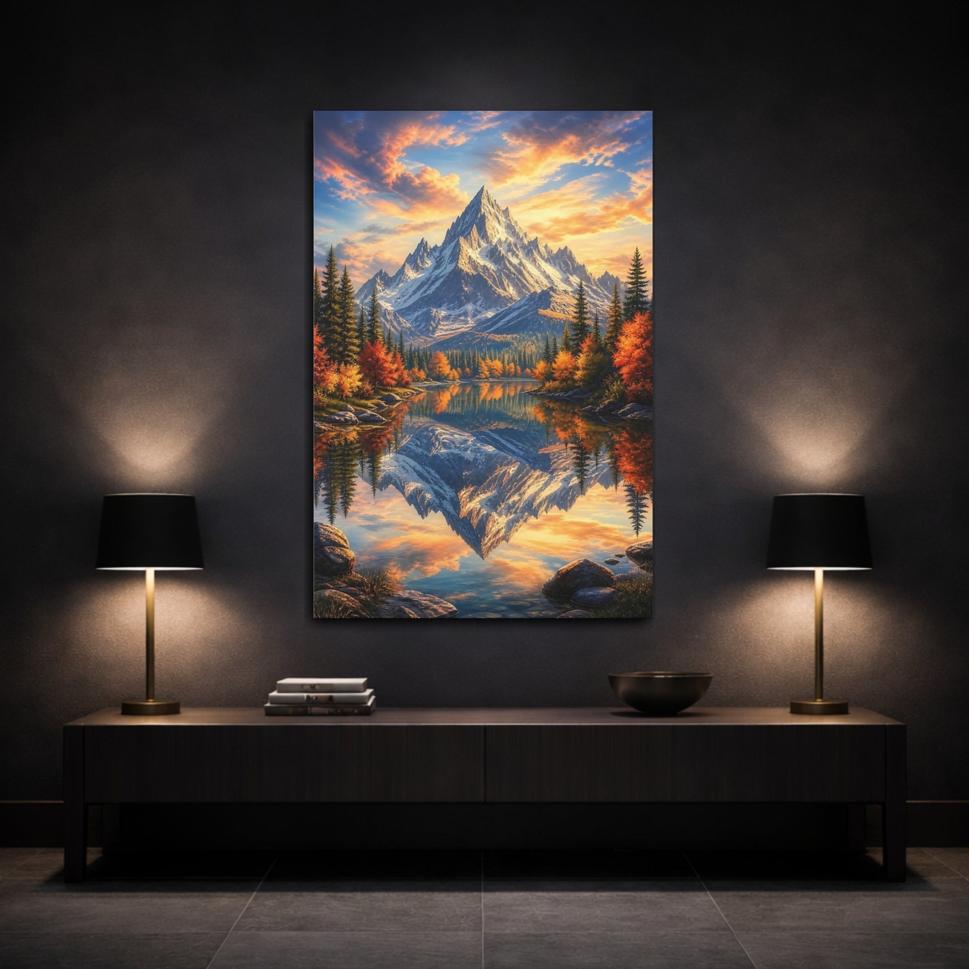 Mockup 3. Nature Snowy Peaks Orange And Blue Landscape shown as stretched canvas wall art