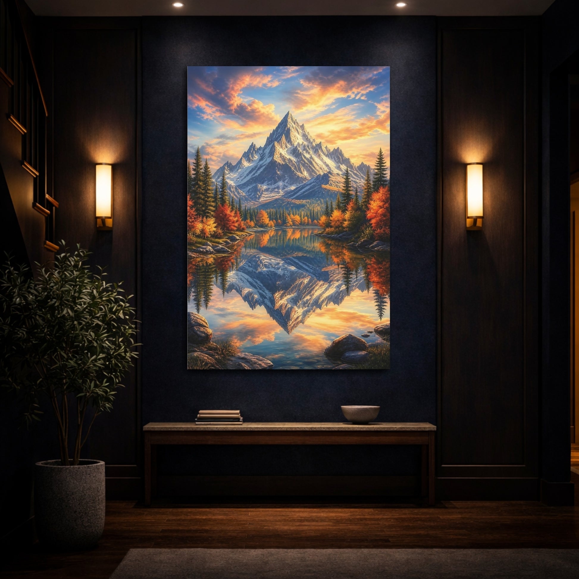 Mockup 4. Nature Snowy Peaks Orange And Blue Landscape shown as stretched canvas wall art