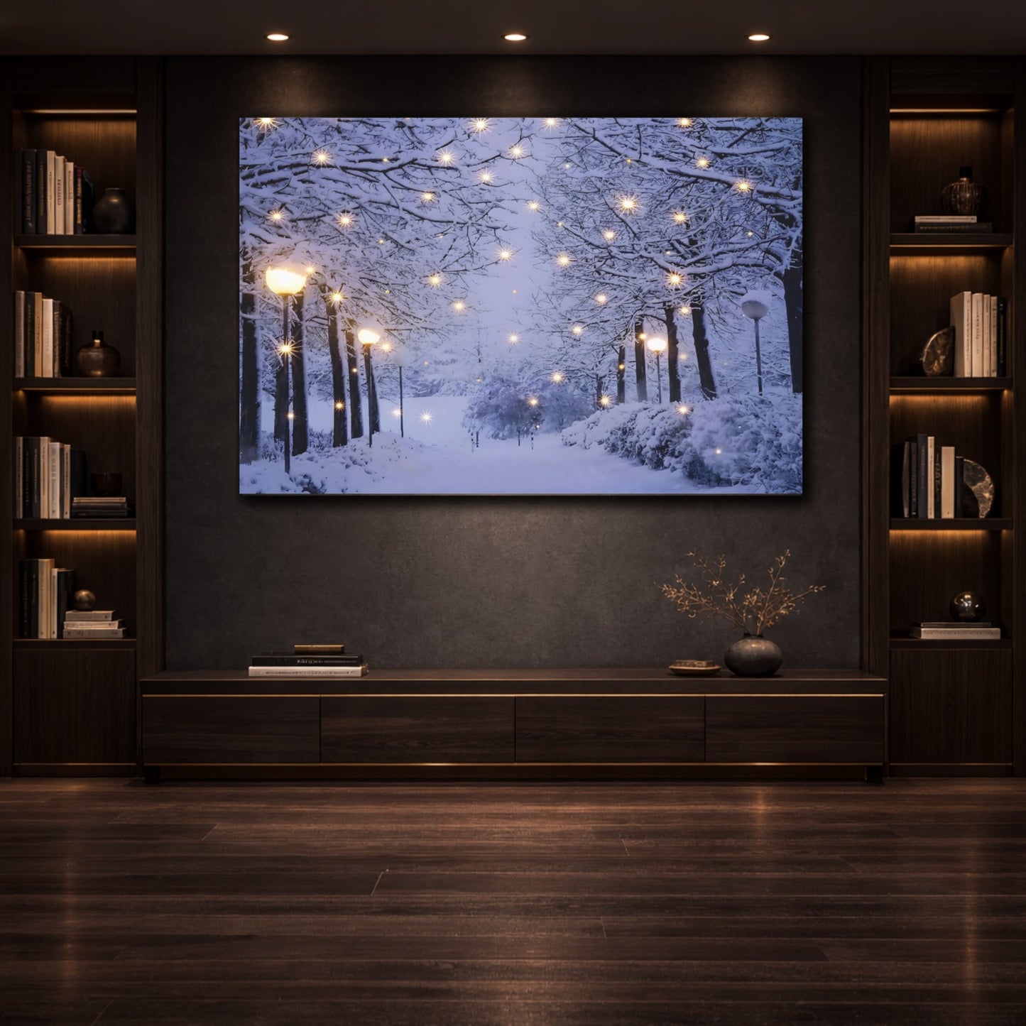 Nature Snowy Trees Blue And White Winter shown as front canvas room wall art
