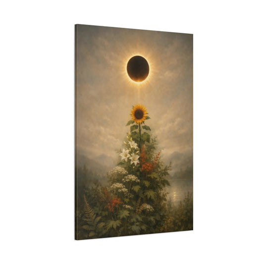 Main Mockup. Nature Solar Eclipse, Sunflower Eclipse Floral shown as stretched canvas wall art