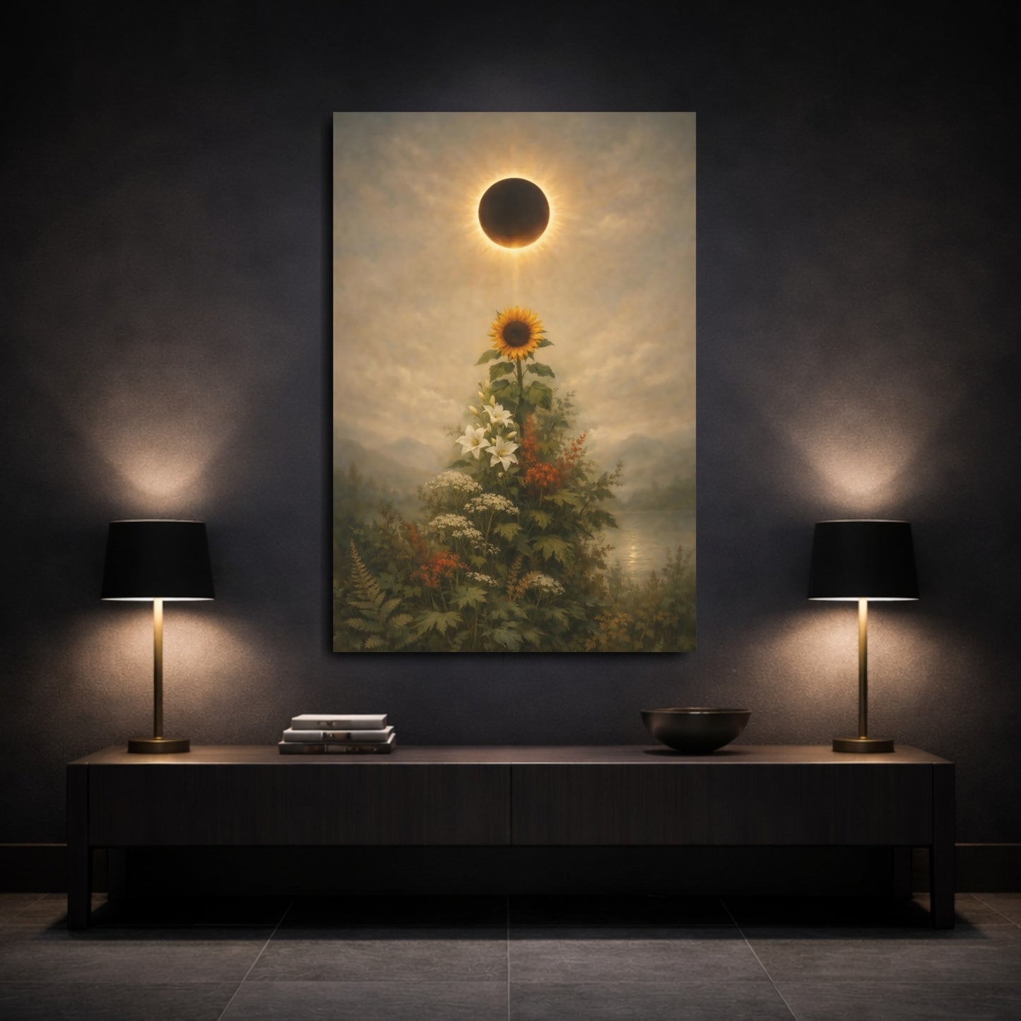 Mockup 2. Nature Solar Eclipse, Sunflower Eclipse Floral shown as stretched canvas wall art
