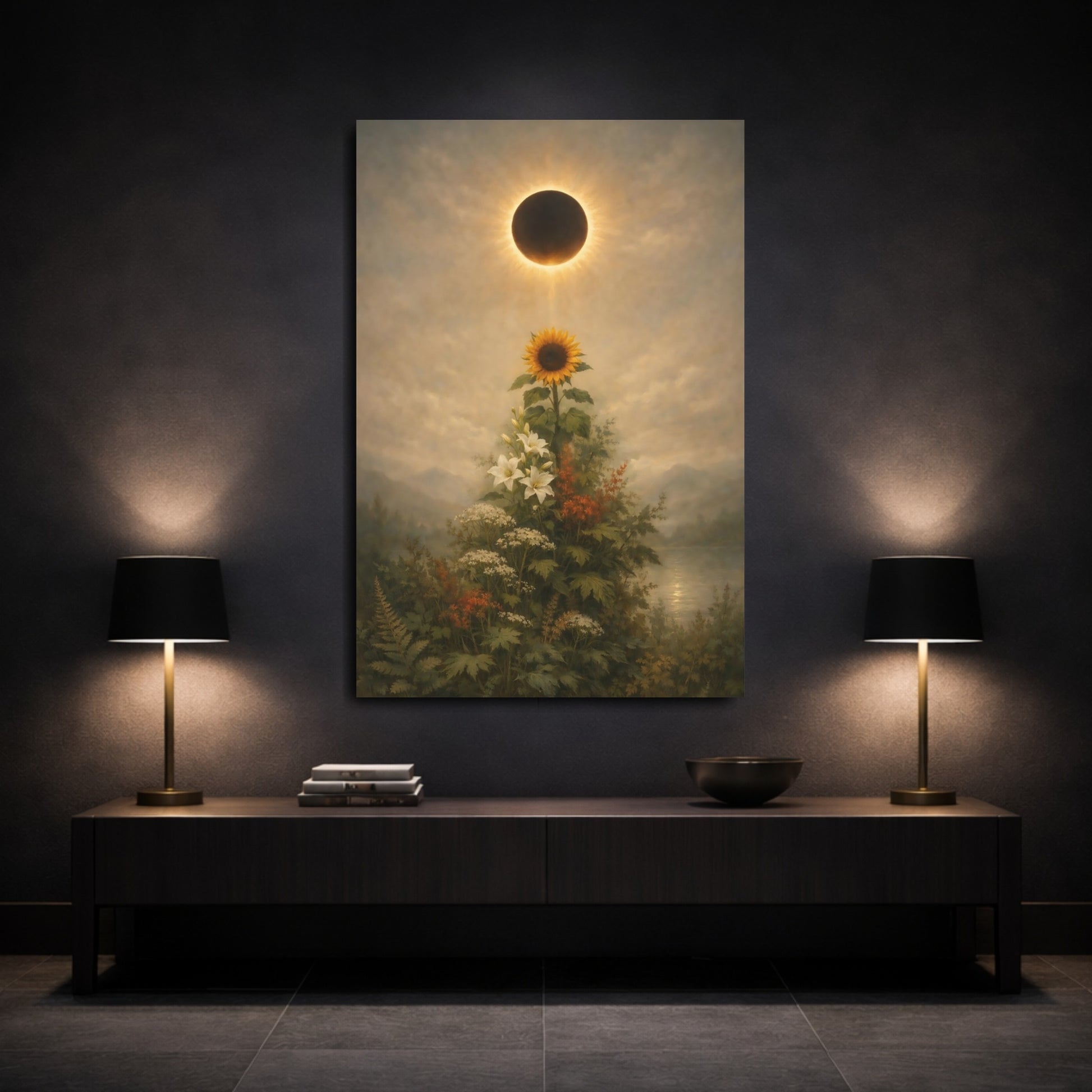 Mockup 2. Nature Solar Eclipse, Sunflower Eclipse Floral shown as stretched canvas wall art