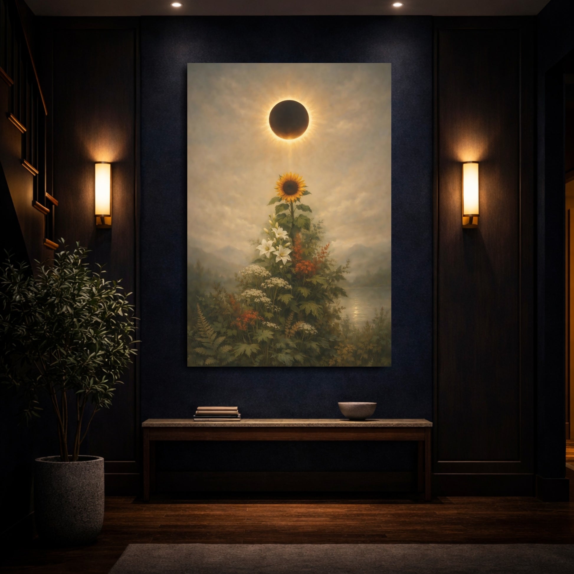 Mockup 3. Nature Solar Eclipse, Sunflower Eclipse Floral shown as stretched canvas wall art