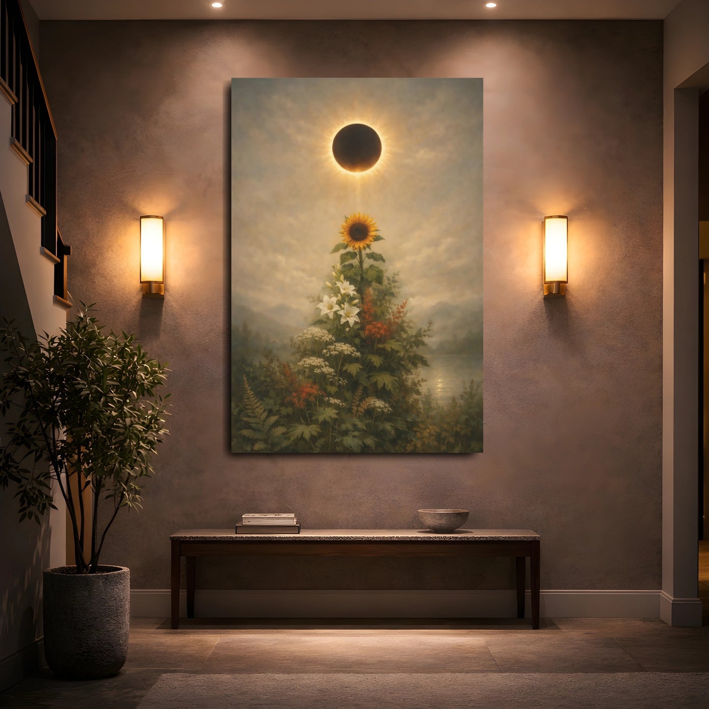 Mockup 4. Nature Solar Eclipse, Sunflower Eclipse Floral shown as stretched canvas wall art