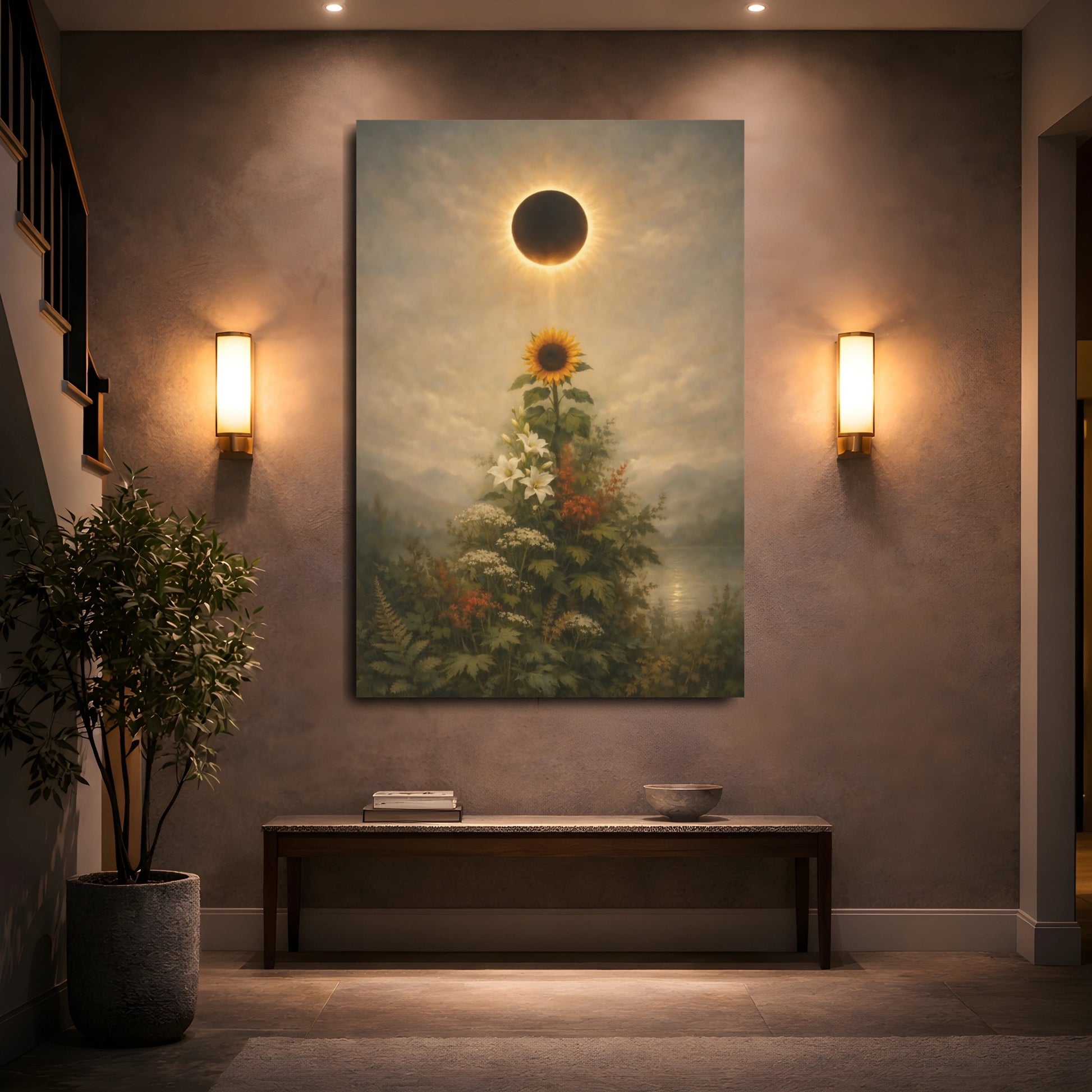 Mockup 4. Nature Solar Eclipse, Sunflower Eclipse Floral shown as stretched canvas wall art