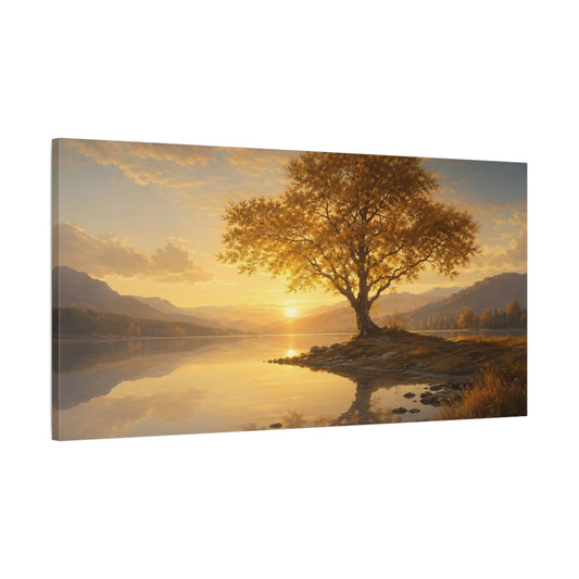 Main Mockup. Nature Solitary Tree Golden Sunset Landscape shown as stretched canvas wall art