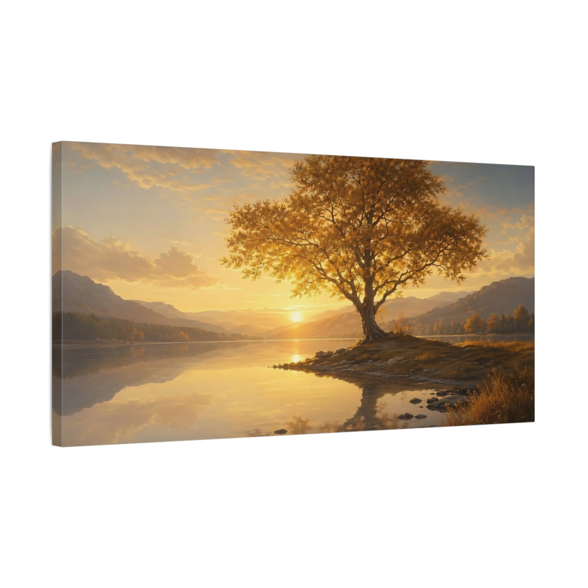 Side Mockup 1. Nature Solitary Tree Golden Sunset Landscape shown as stretched canvas wall art