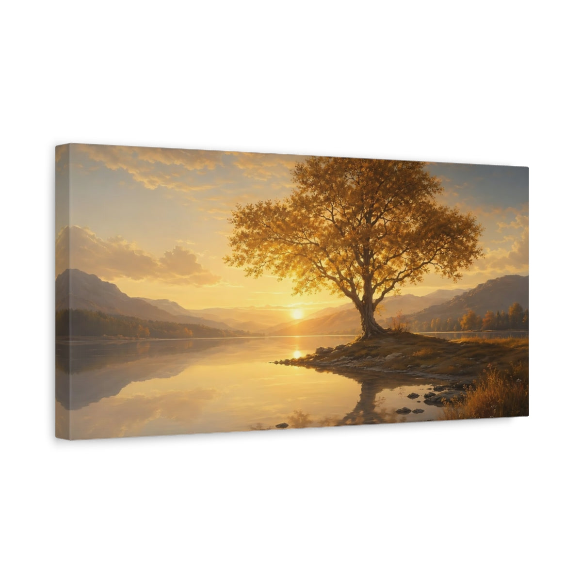 Side Mockup 3. Nature Solitary Tree Golden Sunset Landscape shown as stretched canvas wall art