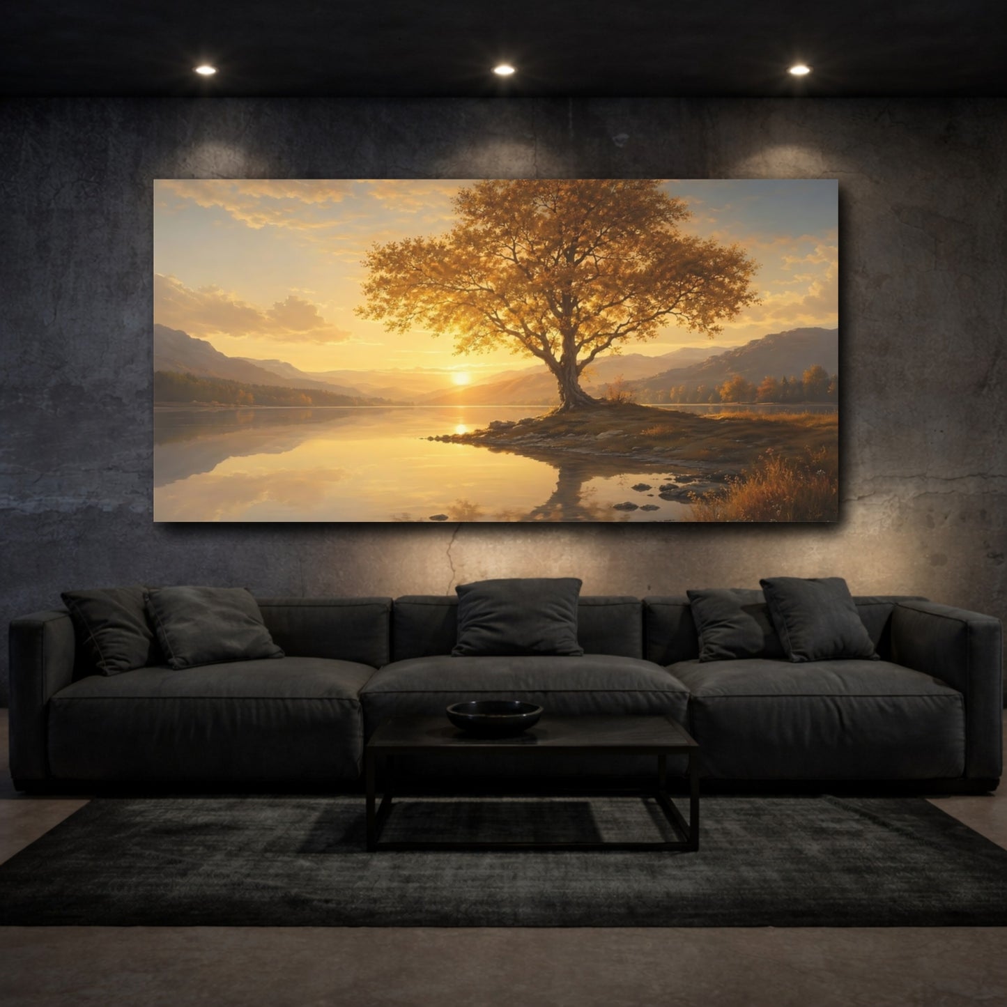 Mockup 2. Nature Solitary Tree Golden Sunset Landscape shown as stretched canvas wall art