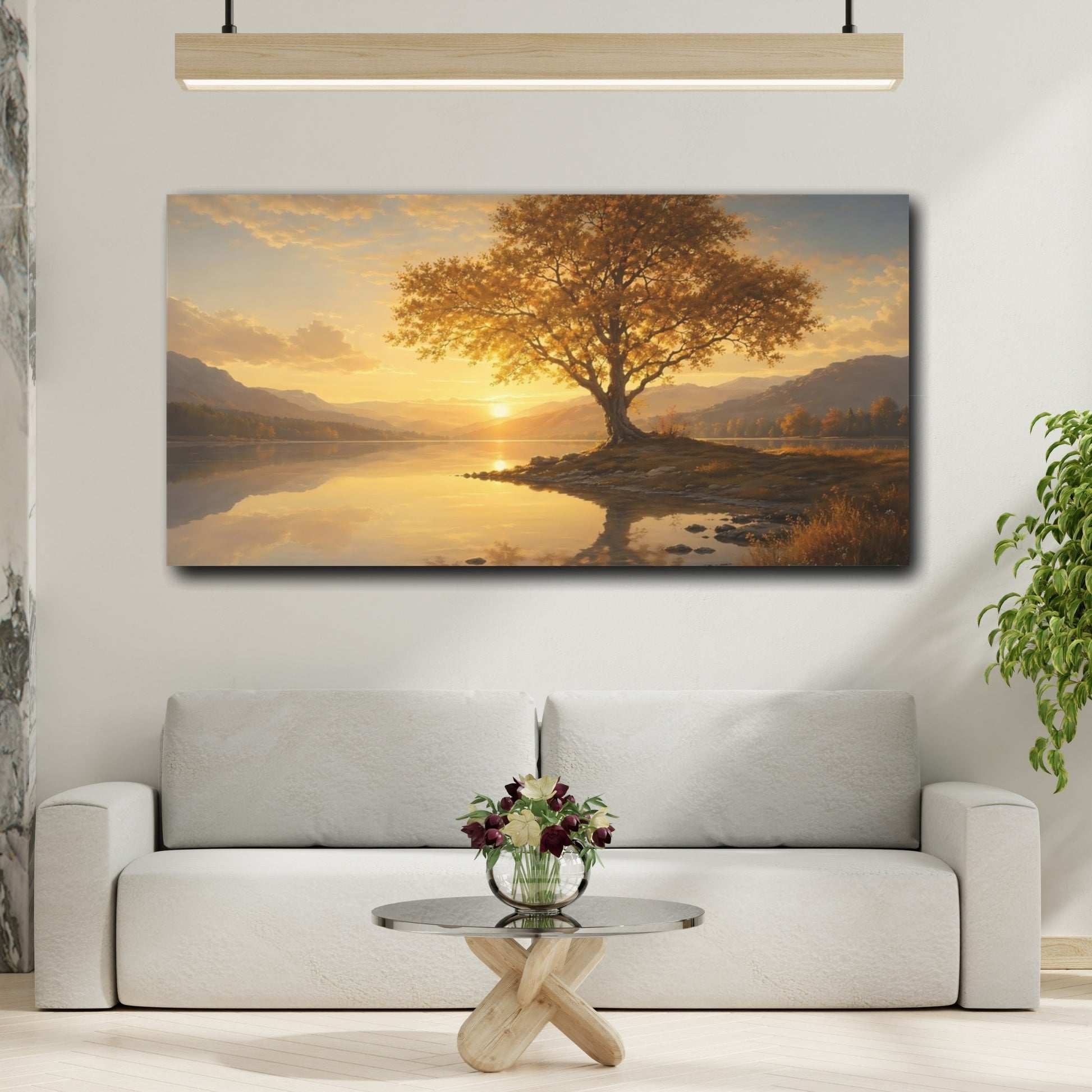 Mockup 3. Nature Solitary Tree Golden Sunset Landscape shown as stretched canvas wall art