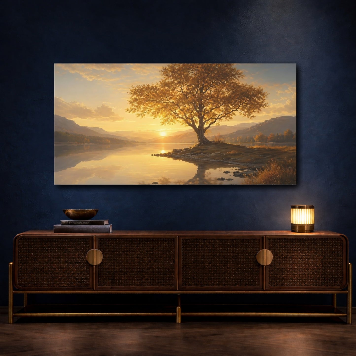 Mockup 4. Nature Solitary Tree Golden Sunset Landscape shown as stretched canvas wall art