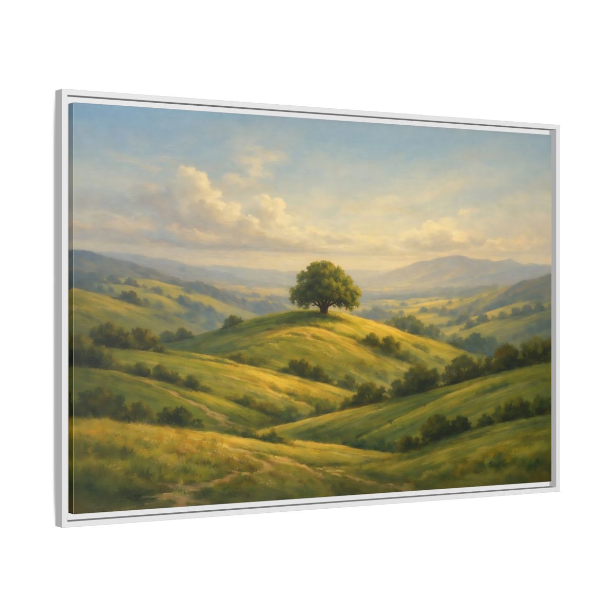 Side Mockup 7. Nature Solitary Tree Green Landscape shown as stretched canvas wall art