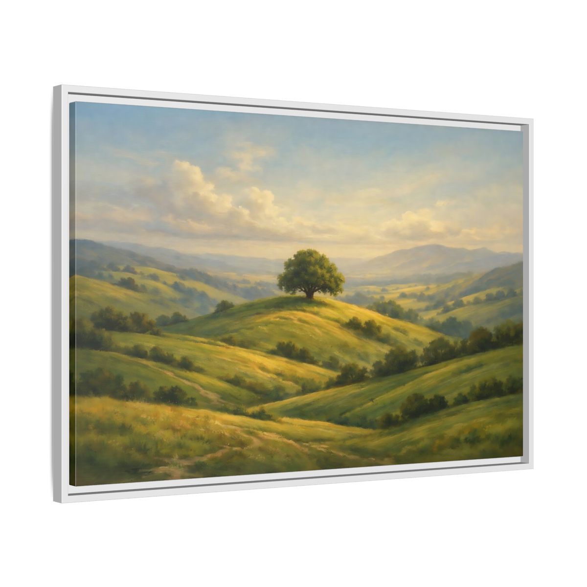 Side Mockup 8. Nature Solitary Tree Green Landscape shown as stretched canvas wall art