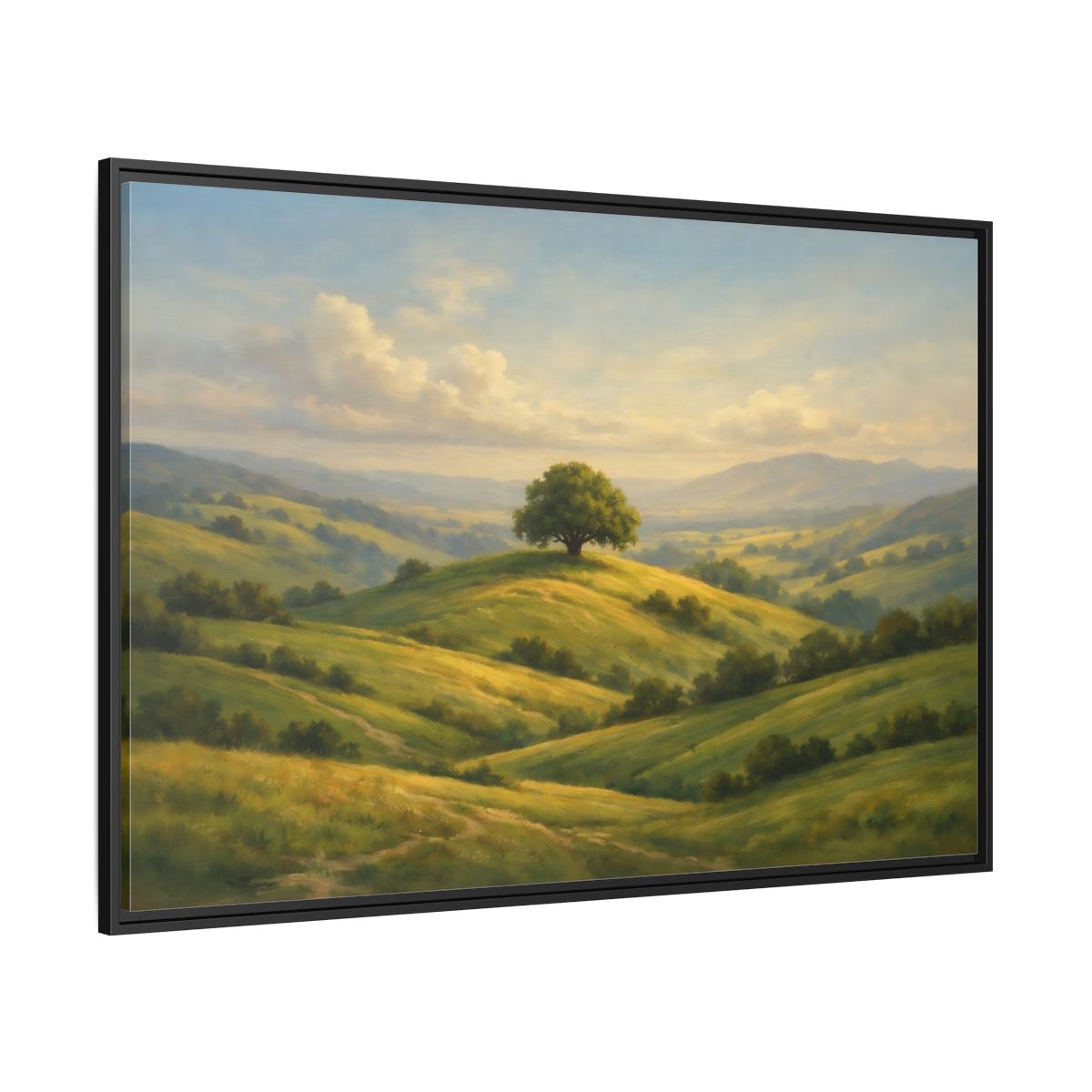 Side Mockup 12. Nature Solitary Tree Green Landscape shown as stretched canvas wall art