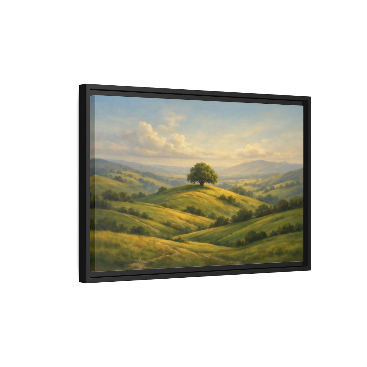 Side Mockup 3. Nature Solitary Tree Green Landscape shown as stretched canvas wall art