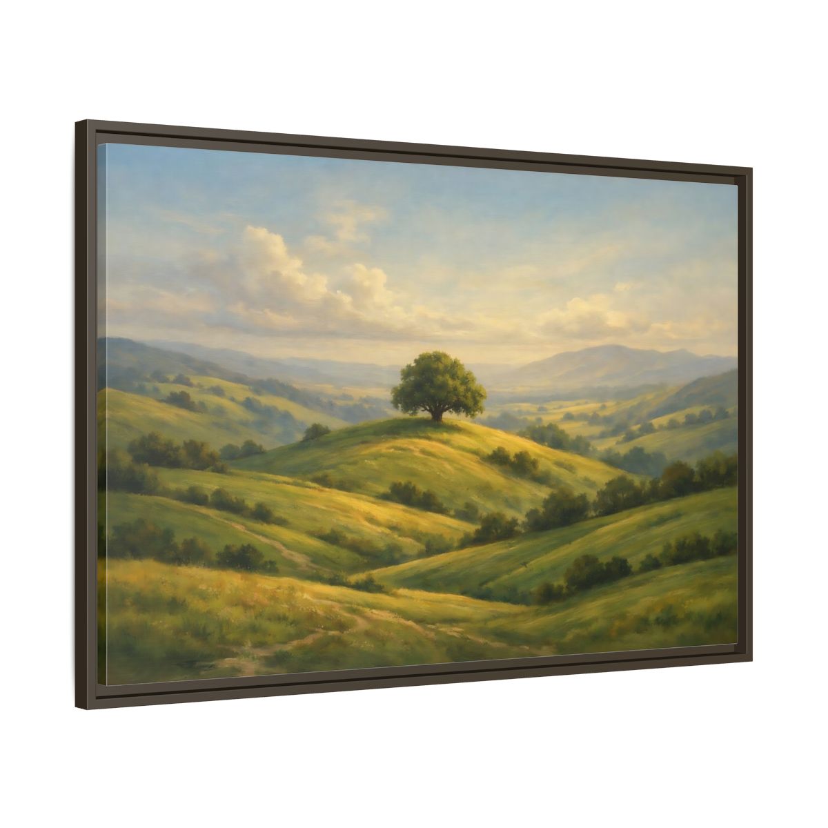 Side Mockup 9. Nature Solitary Tree Green Landscape shown as stretched canvas wall art