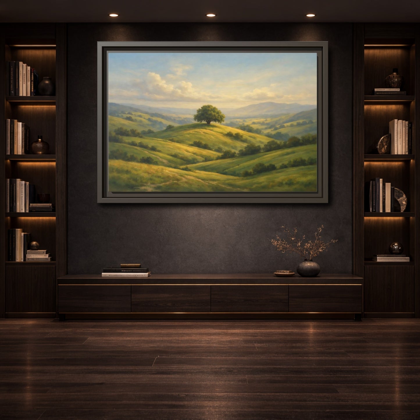 Mockup 3. Nature Solitary Tree Green Landscape shown as stretched canvas wall art