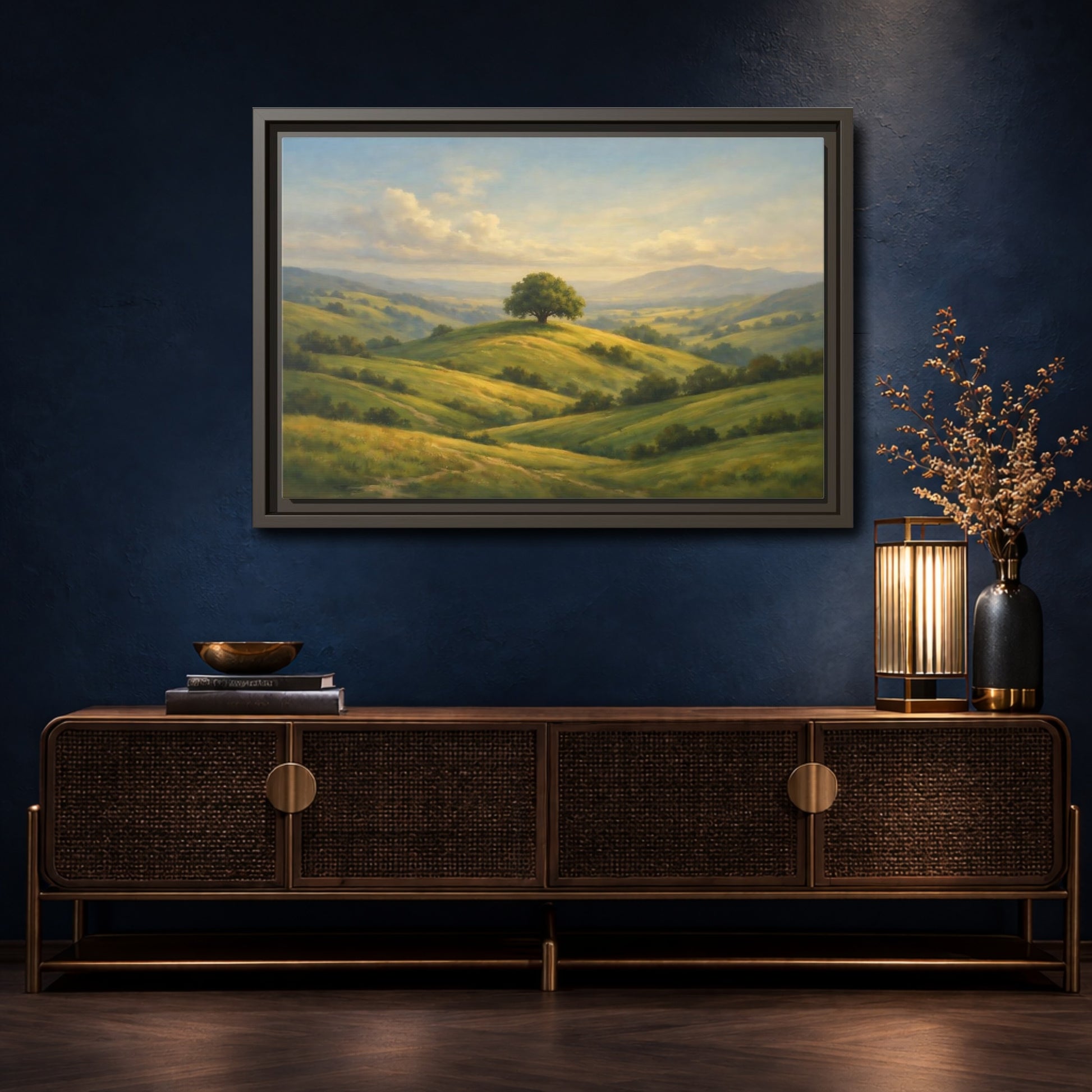 Mockup 4. Nature Solitary Tree Green Landscape shown as stretched canvas wall art