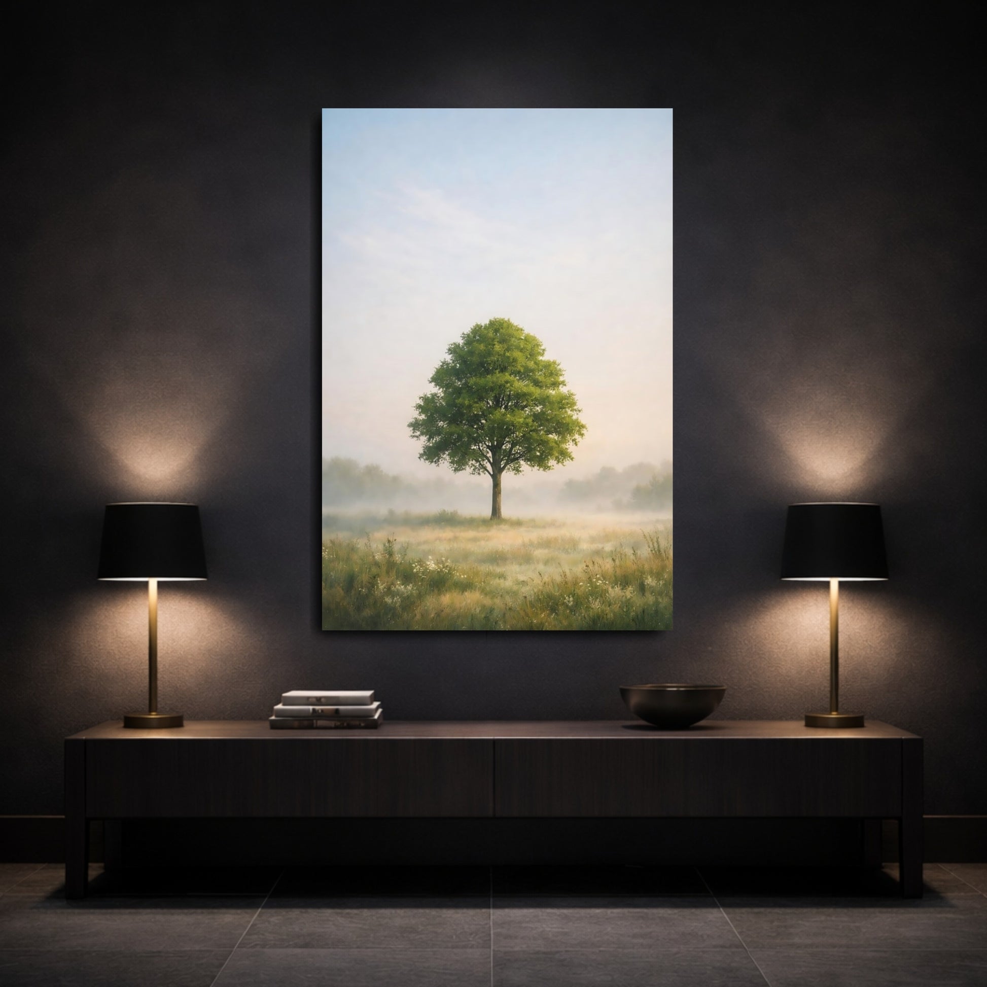 Mockup 2. Nature Solitary Tree Misty Landscape shown as stretched canvas wall art