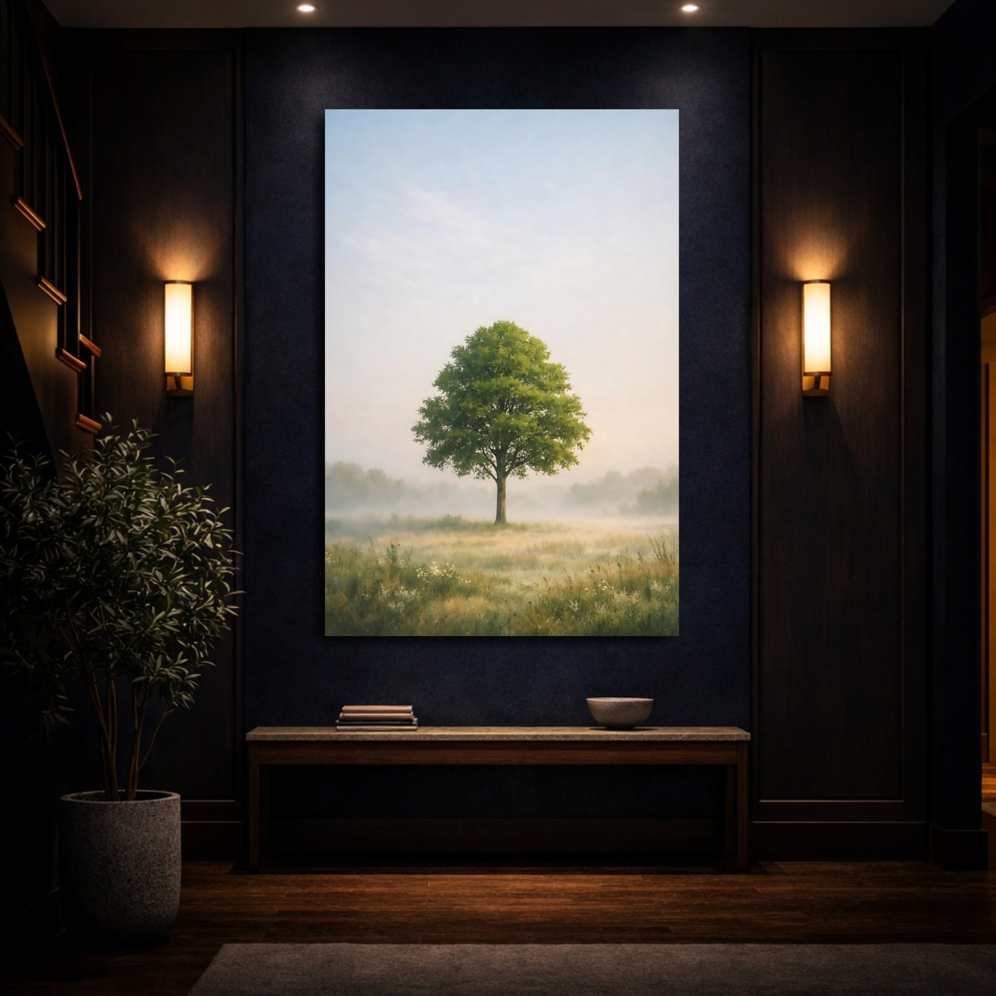 Mockup 3. Nature Solitary Tree Misty Landscape shown as stretched canvas wall art