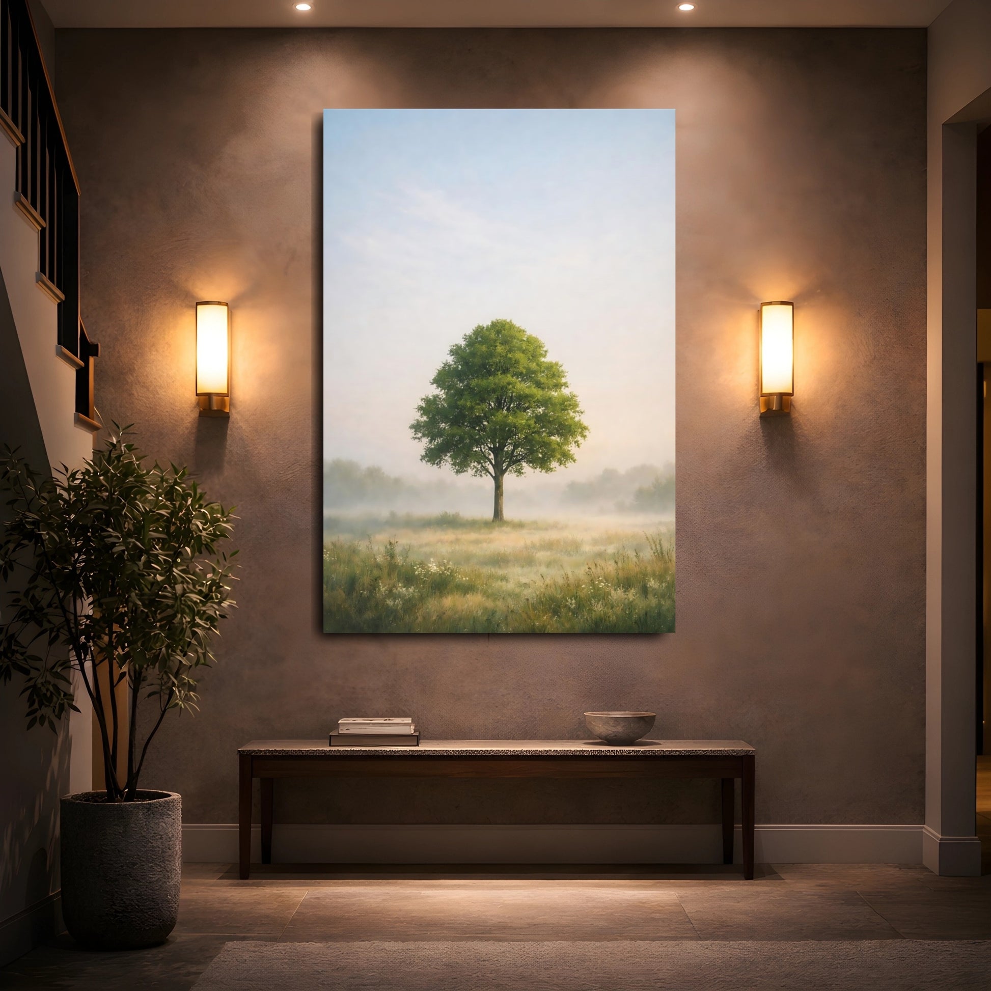 Mockup 4. Nature Solitary Tree Misty Landscape shown as stretched canvas wall art