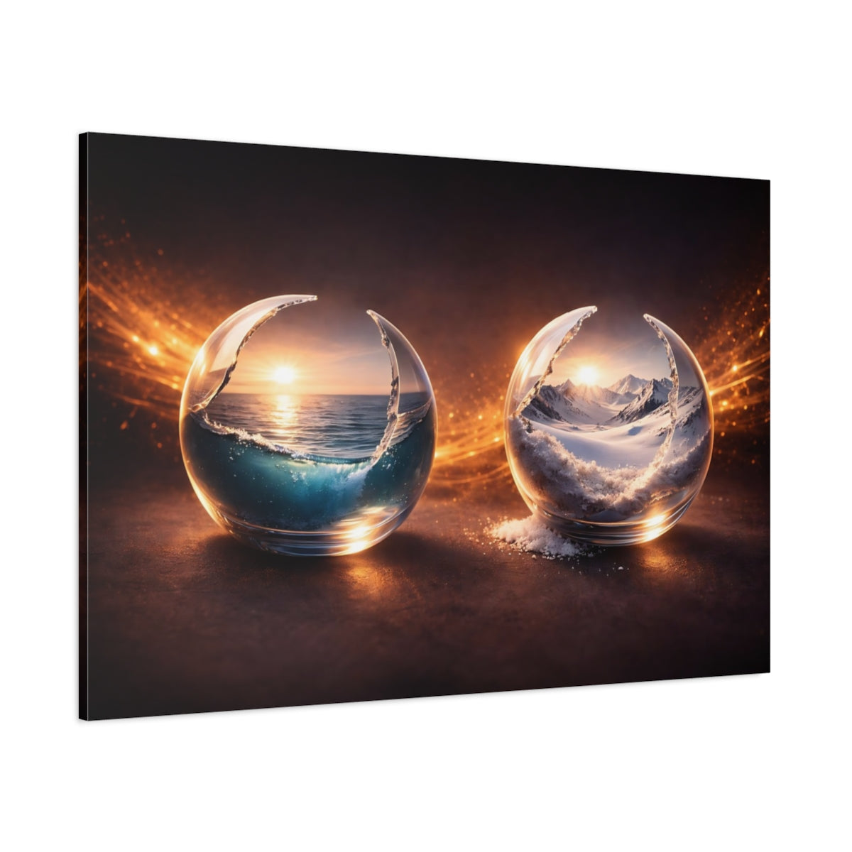 Side Mockup 1. Nature Nature Spheres Orange And Blue shown as stretched canvas wall art