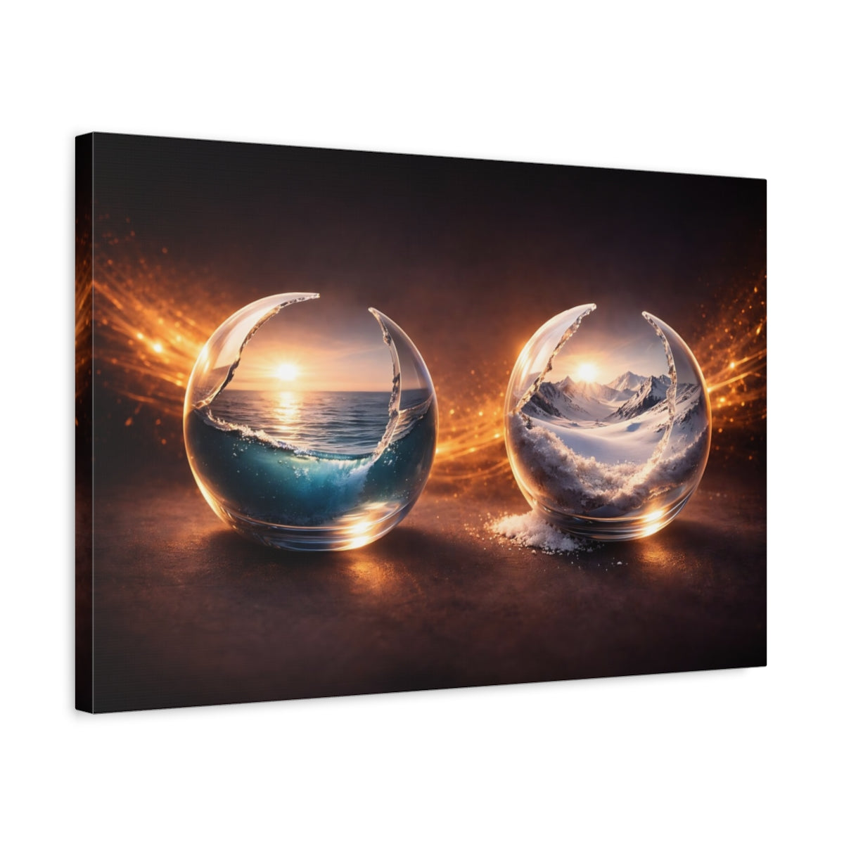Side Mockup 3. Nature Nature Spheres Orange And Blue shown as stretched canvas wall art
