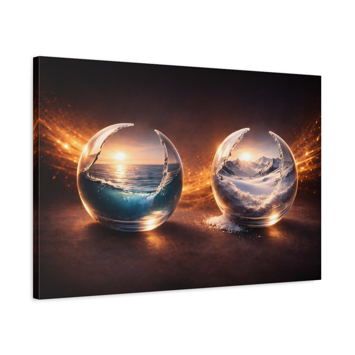 Side Mockup 2. Nature Nature Spheres Orange And Blue shown as stretched canvas wall art